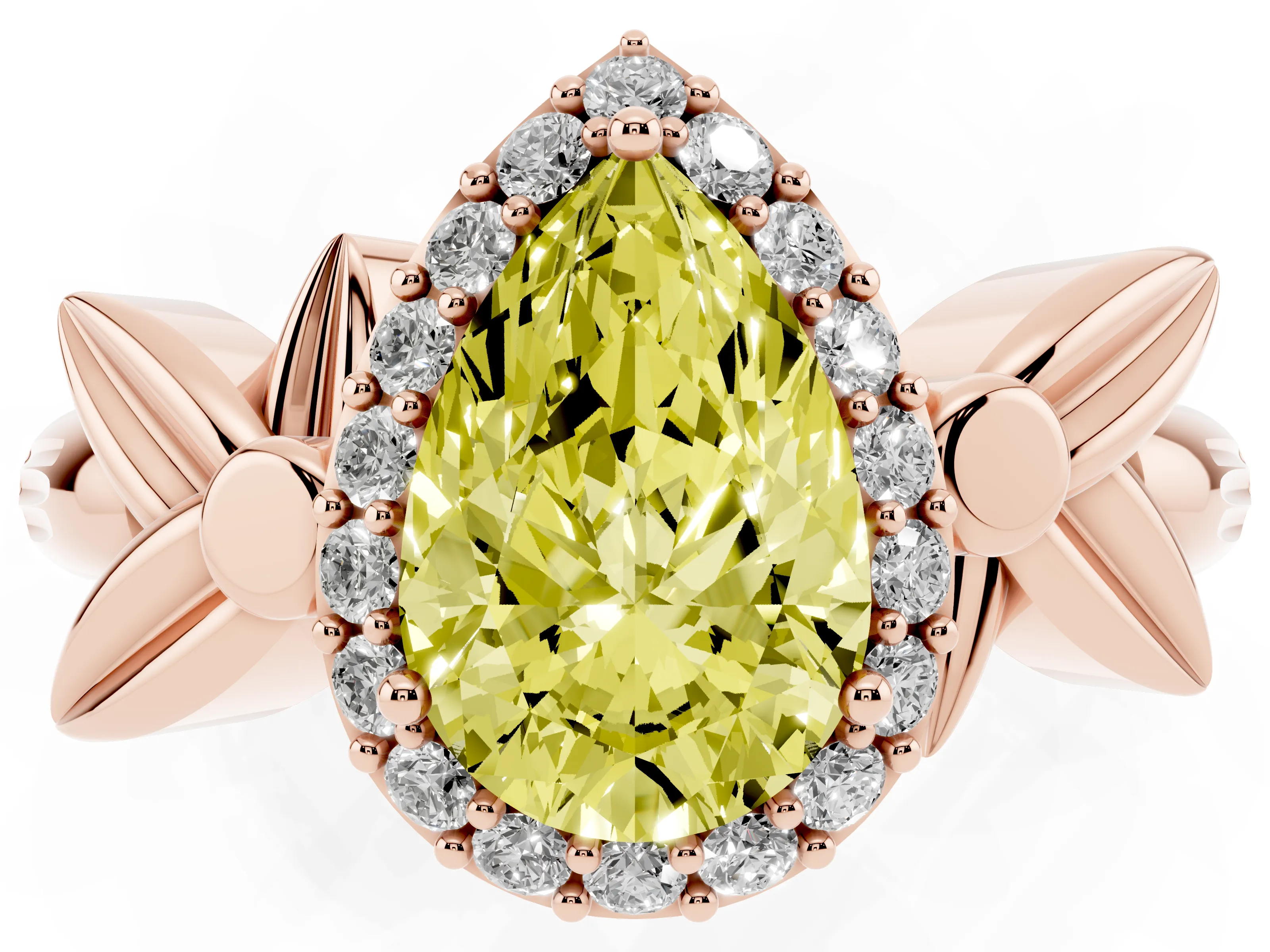 Fancy Yellow Pear Cut Diamond Halo Floral Band Ring Set in Rose gold with Prong Setting