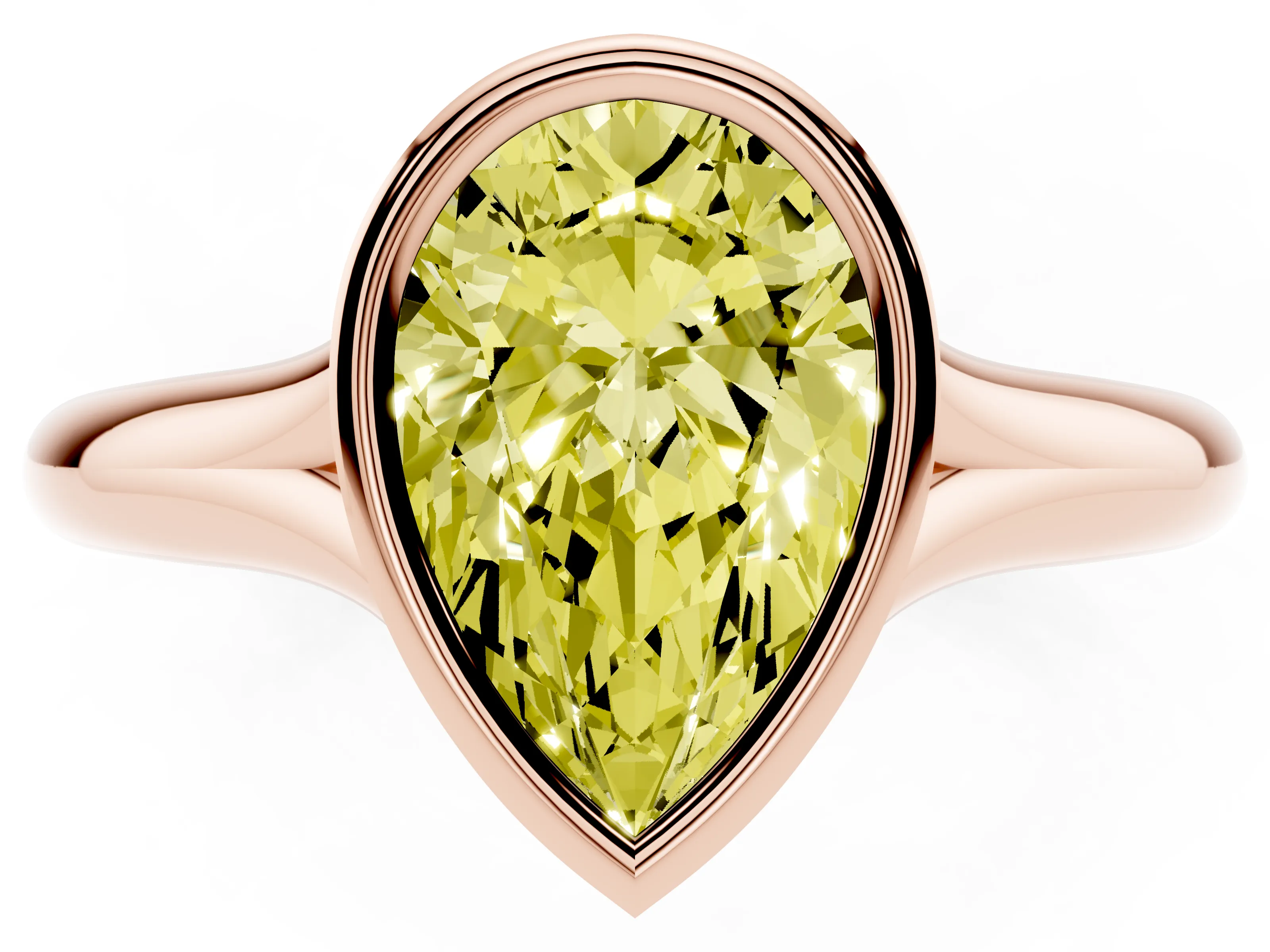 Fancy Yellow Bezel Set Pear Cut Diamond Solitaire Ring Set in Rose gold with Smooth Band