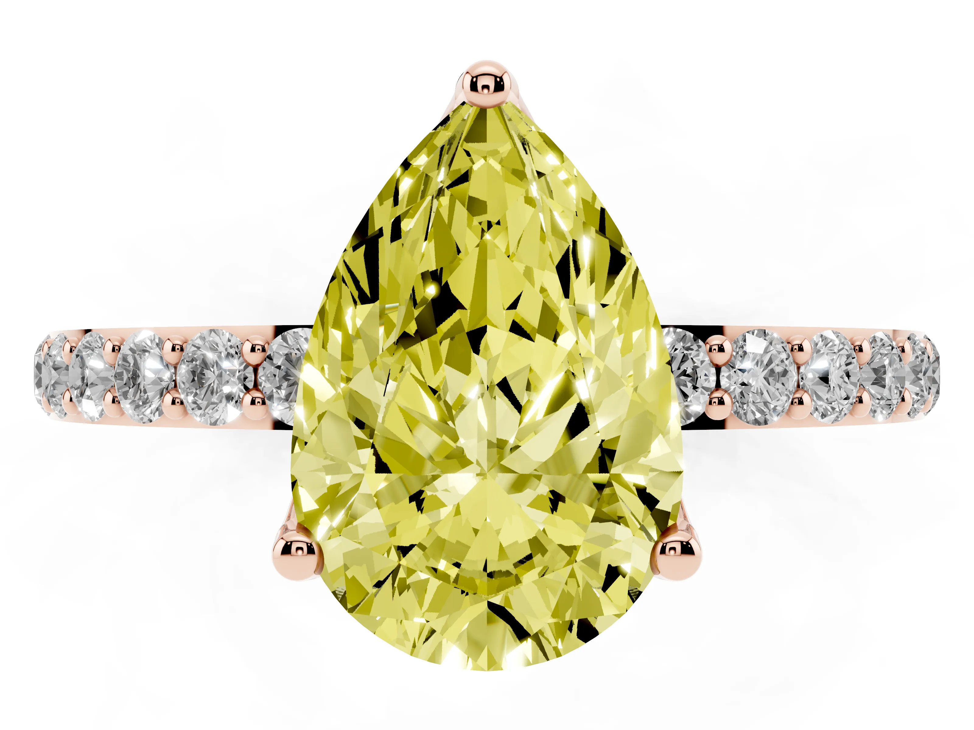 Fancy Yellow Pear Cut Diamond Solitaire Engagement Ring Set in Rose gold with Round Pavé Band and Prong Setting