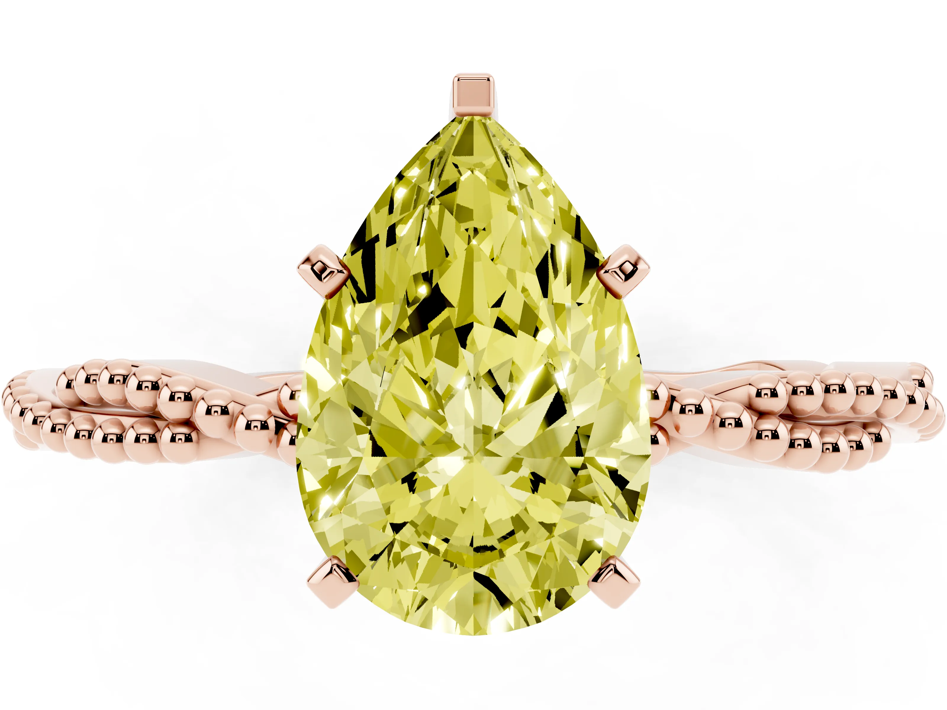 Fancy Yellow Pear Cut Diamond Solitaire Ring Set in Rose gold with Twisted Band and Bead Prong Setting