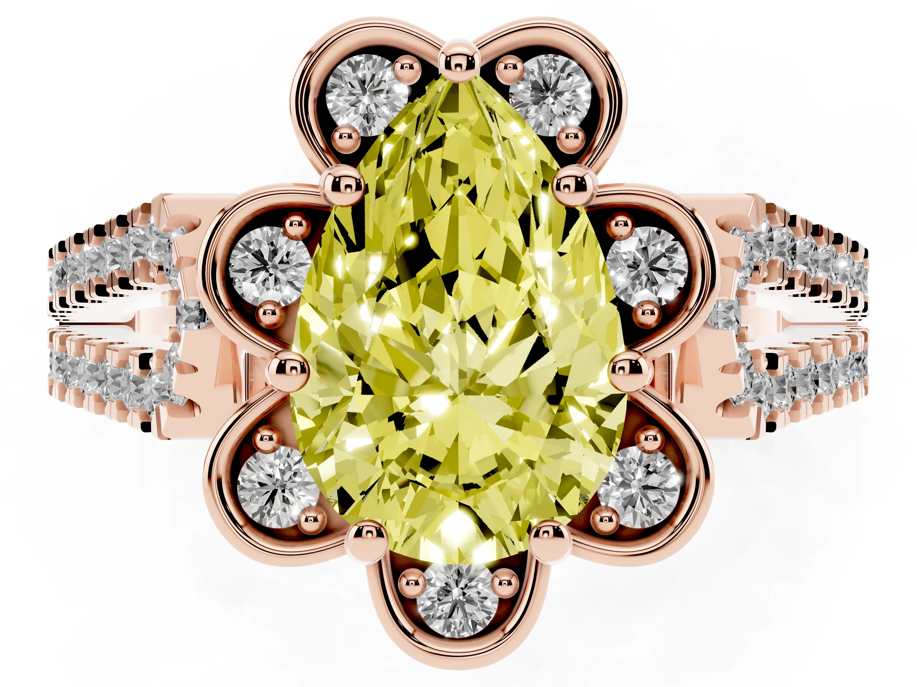 Fancy Yellow Pear Cut Diamond Floral Halo Split Shank Engagement Ring Set in Rose gold with Pavé Shank