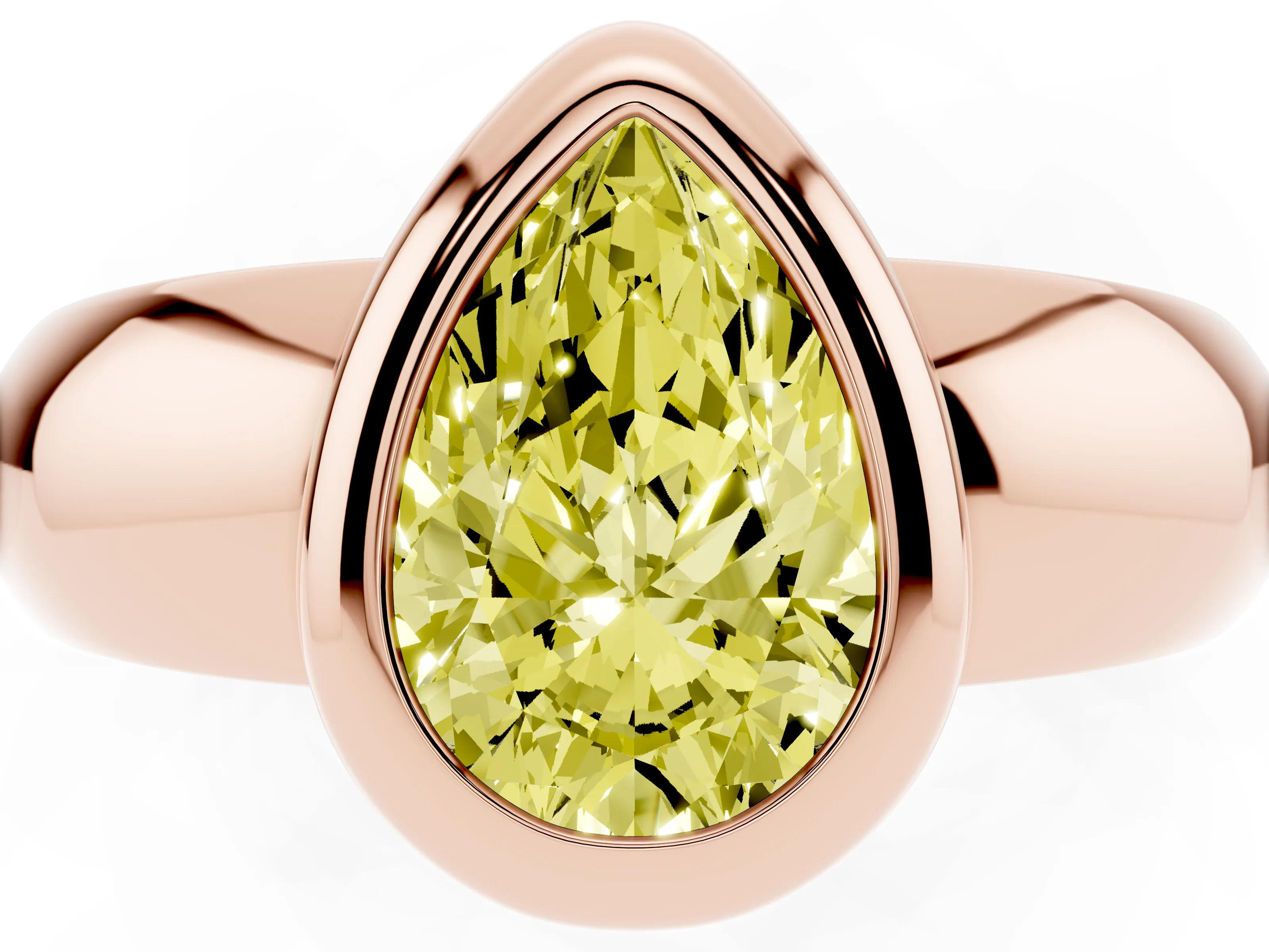 Fancy Yellow Bezel Set Pear Cut Diamond Solitaire Ring Set in Rose gold with Wide Band