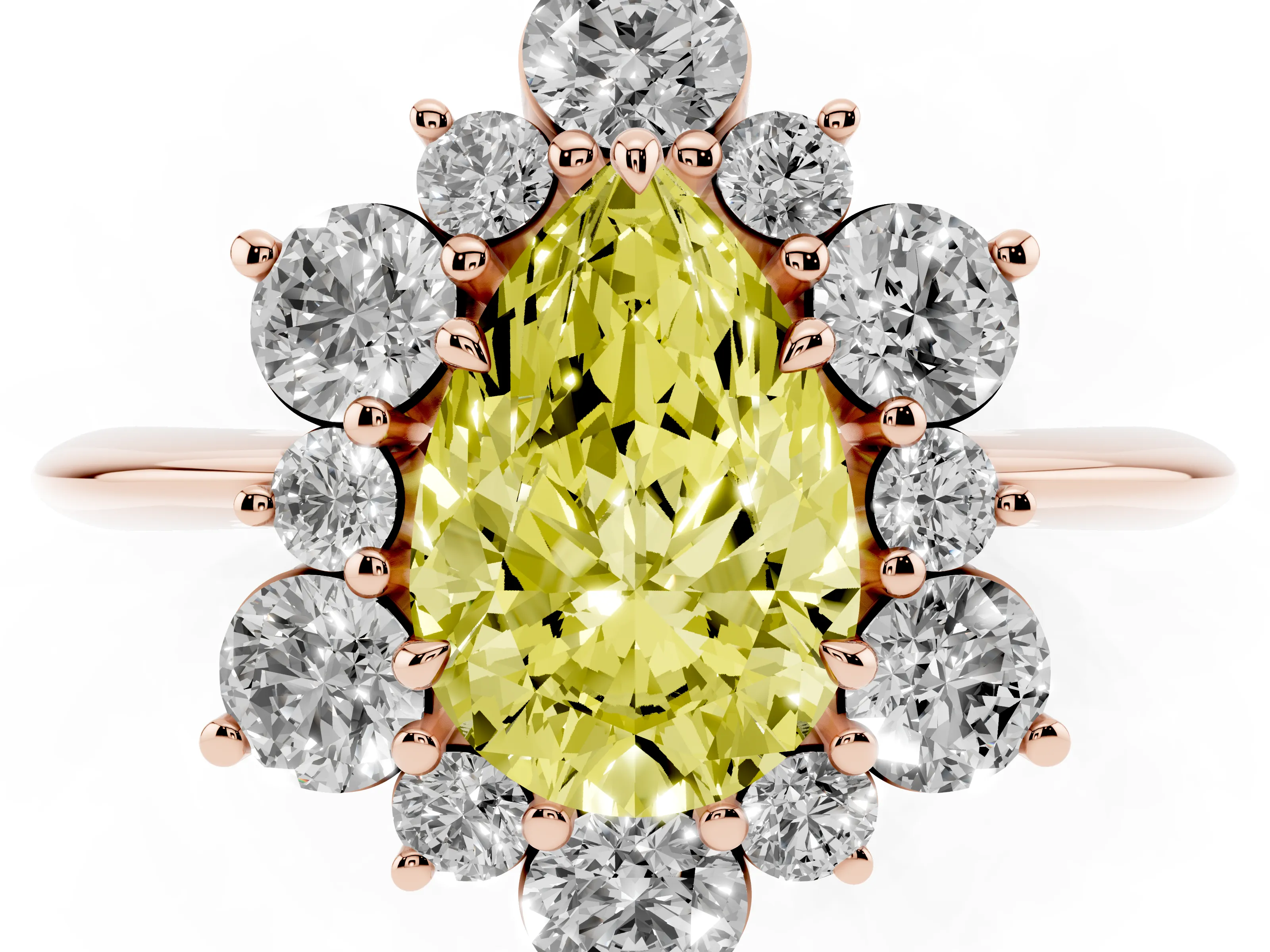Fancy Yellow Pear Cut Diamond Cluster Halo Ring Set in Rose gold with Solitaire Band and Prong Setting