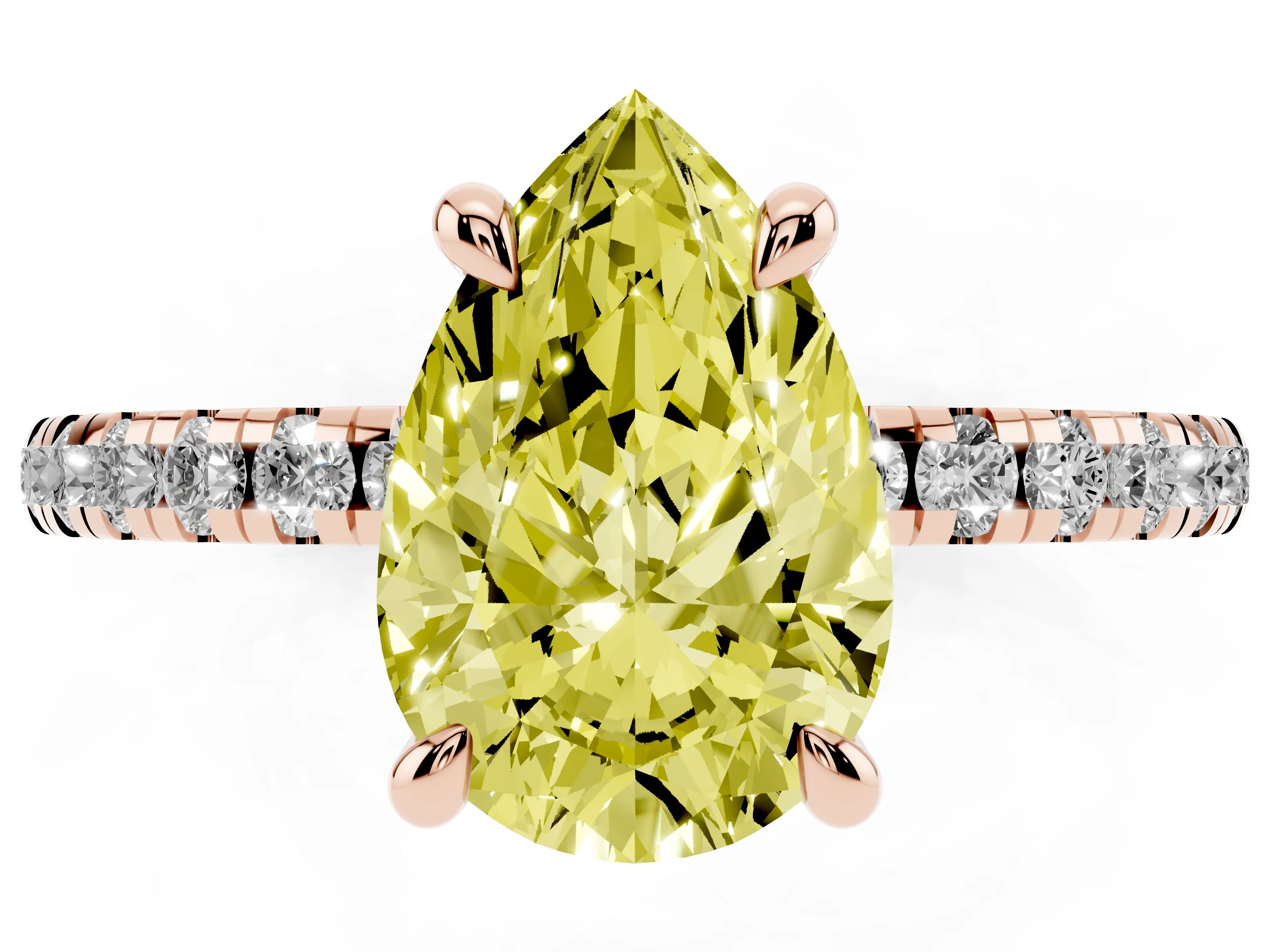 Fancy Yellow Pear Cut Diamond Brilliant Solitaire Ring Set in Rose gold with Pavé Band and Prong Setting