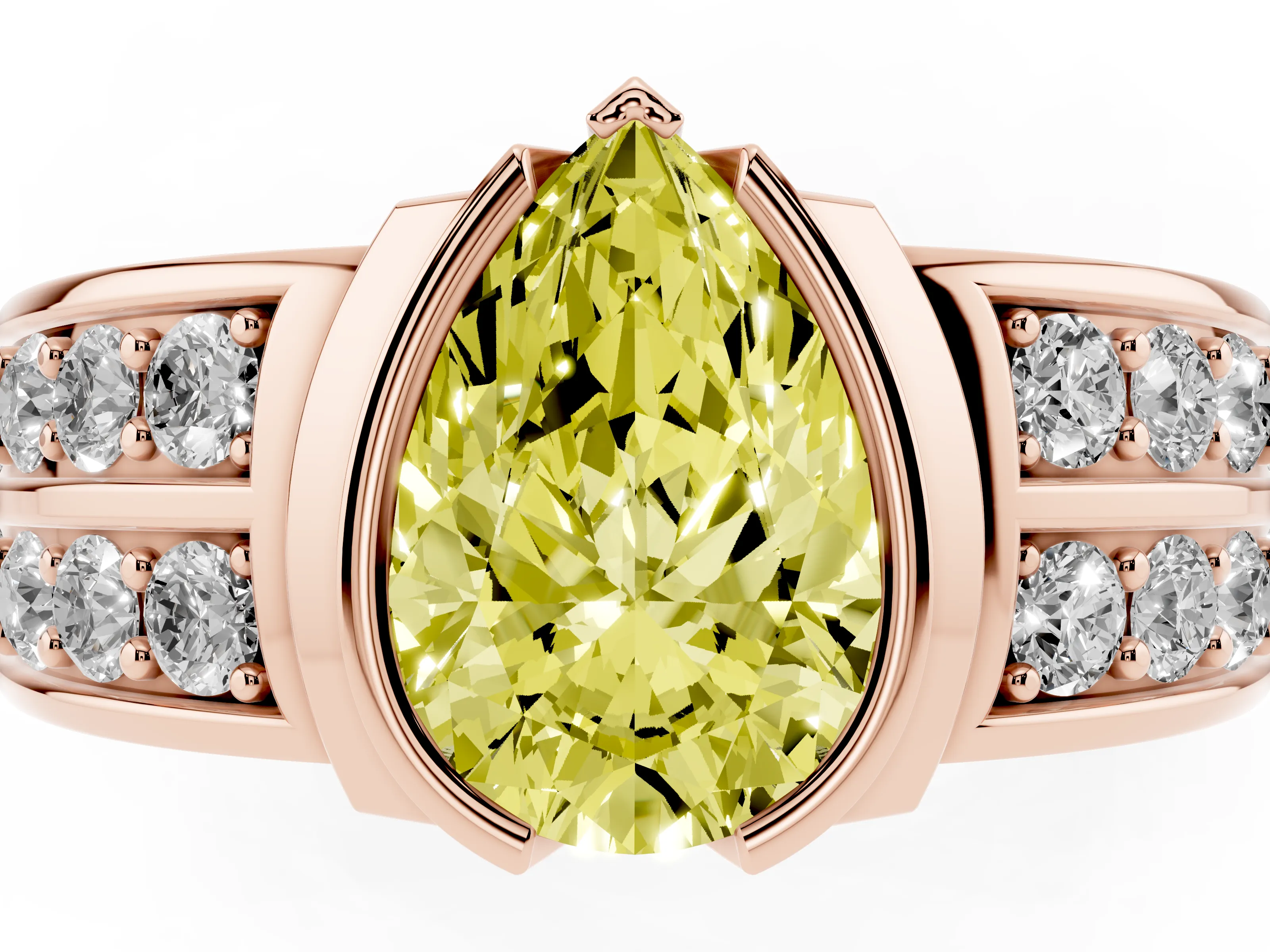 Fancy Yellow Pear Cut Diamond Wide Channel Set Band Ring Set in Rose gold with Bezel Setting