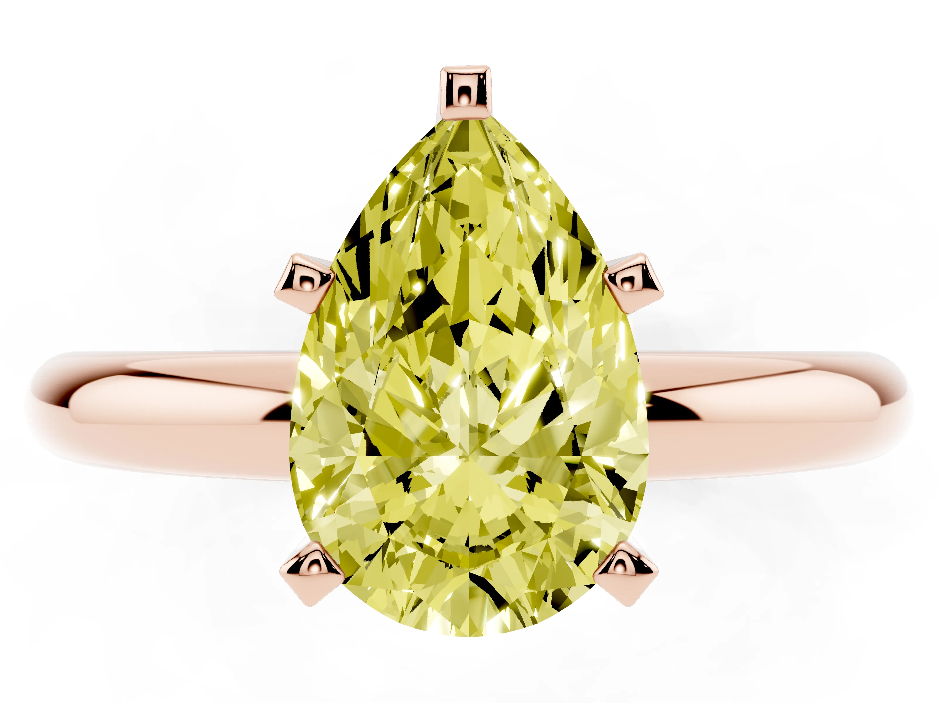 Fancy Yellow Pear Cut Diamond Solitaire Engagement Ring Set in Rose gold with Round Band and Prong Setting