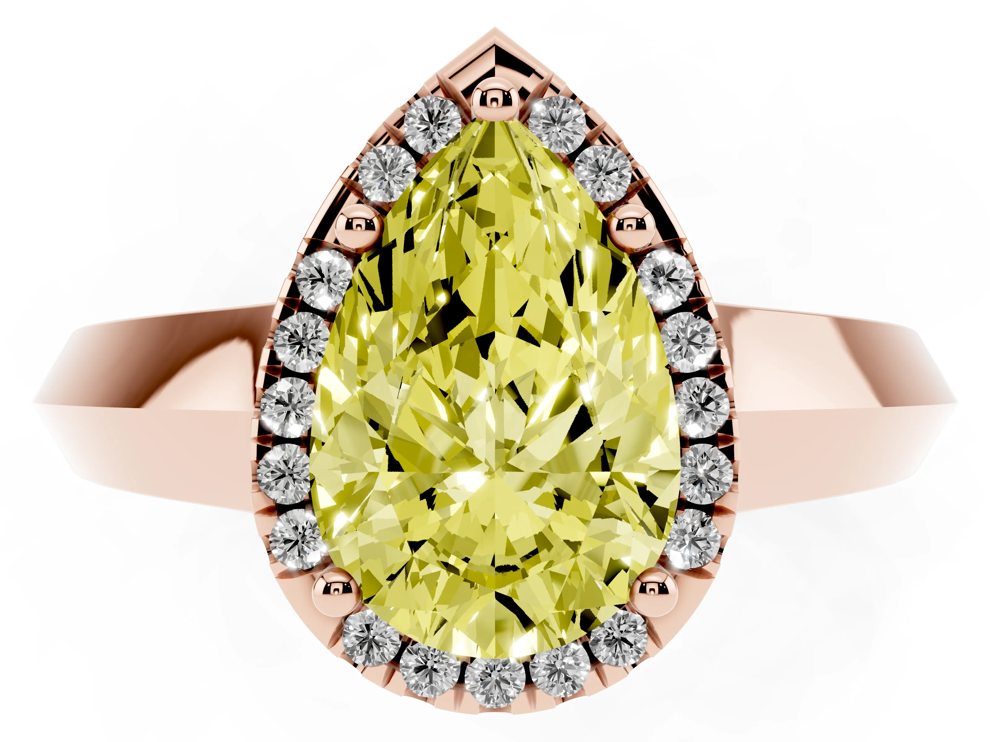 Fancy Yellow Pear Cut Diamond Halo Ring Set in Rose gold with Cathedral Band and Prong Setting