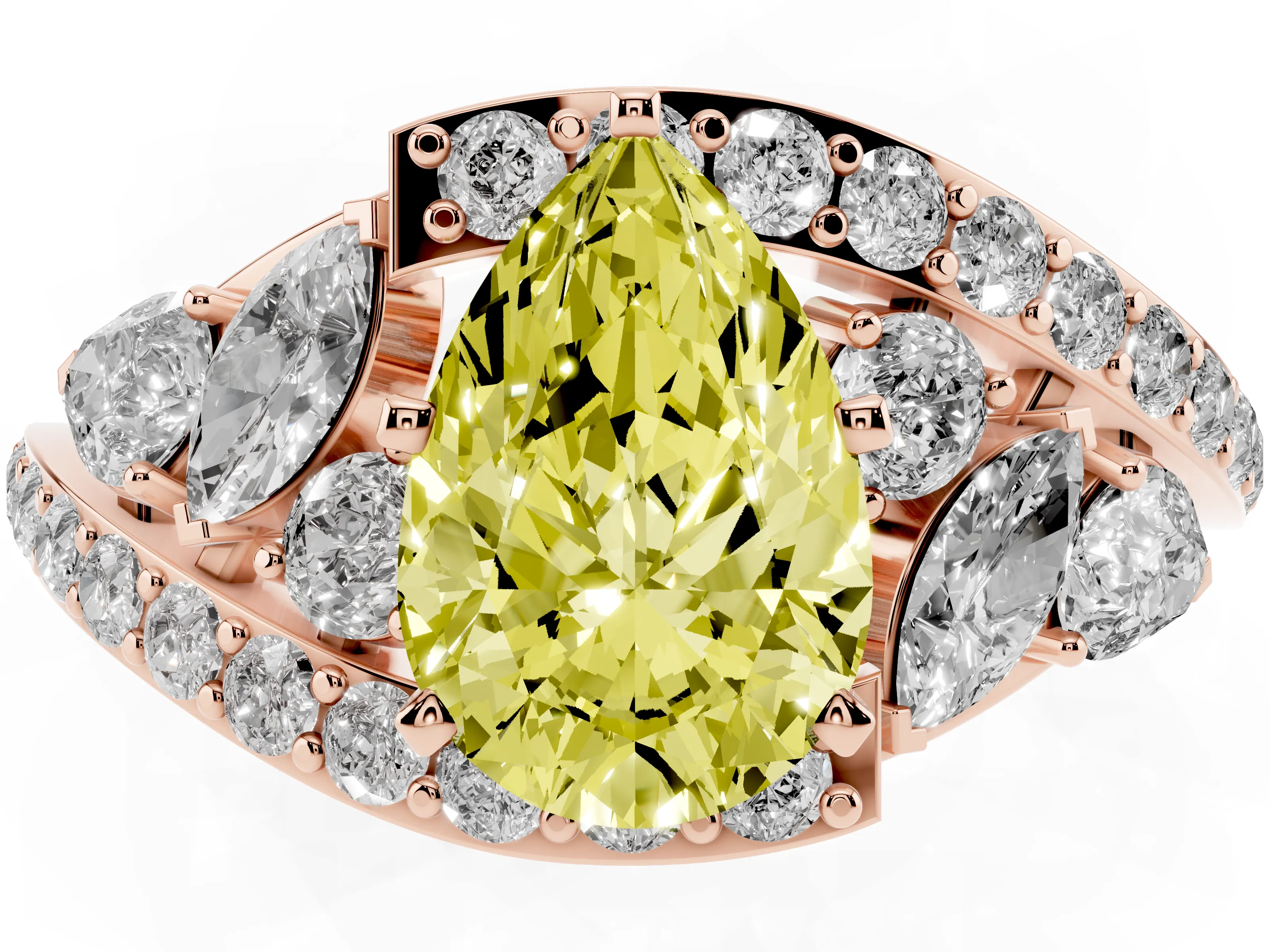 Fancy Yellow Pear Cut Diamond Halo Ring Set in Rose gold with Marquise and Pavé Band in Prong Setting