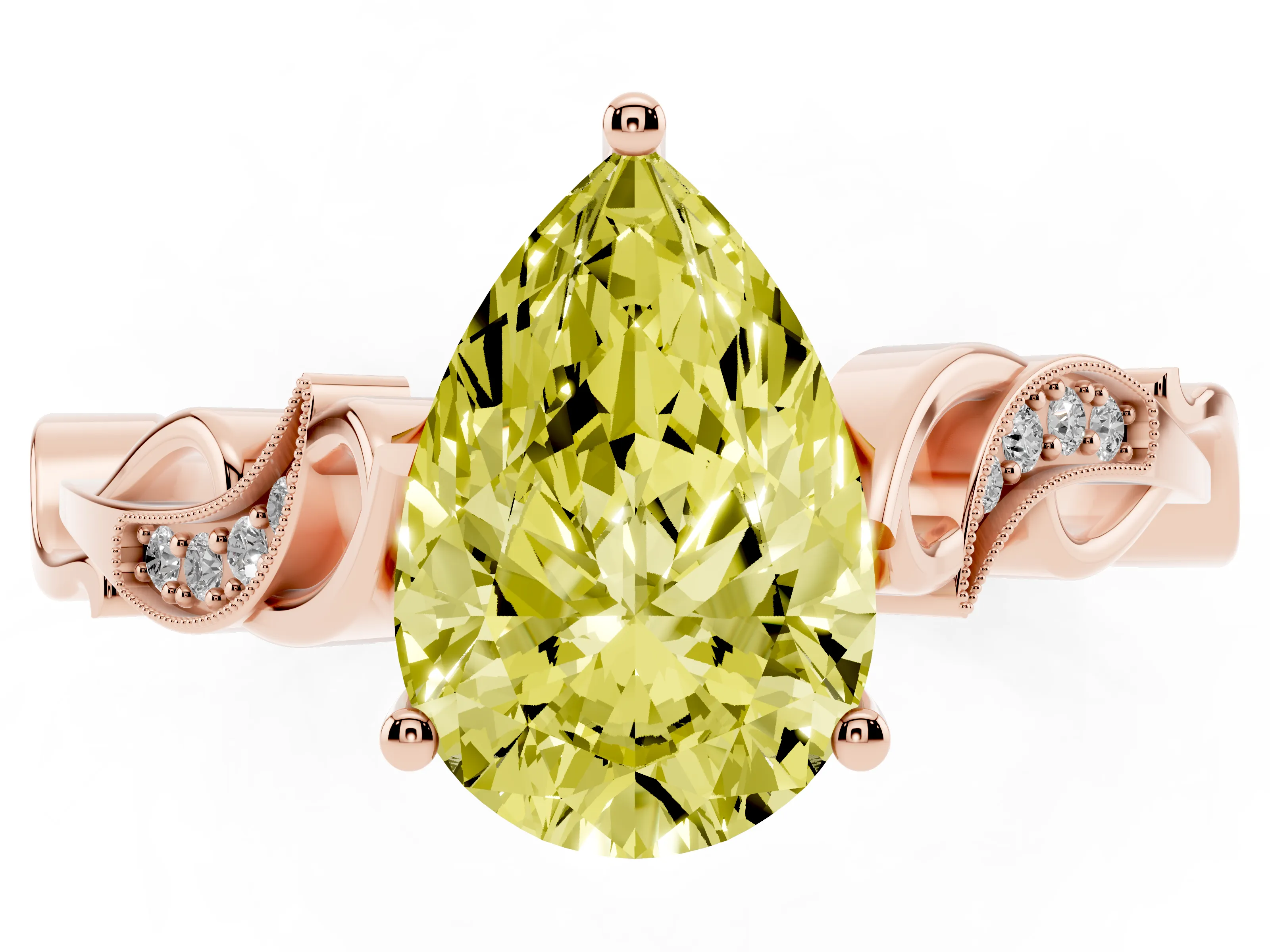 Fancy Yellow Pear Cut Diamond Vine Band Solitaire Ring Set in Rose gold with Milgrain Prong Setting