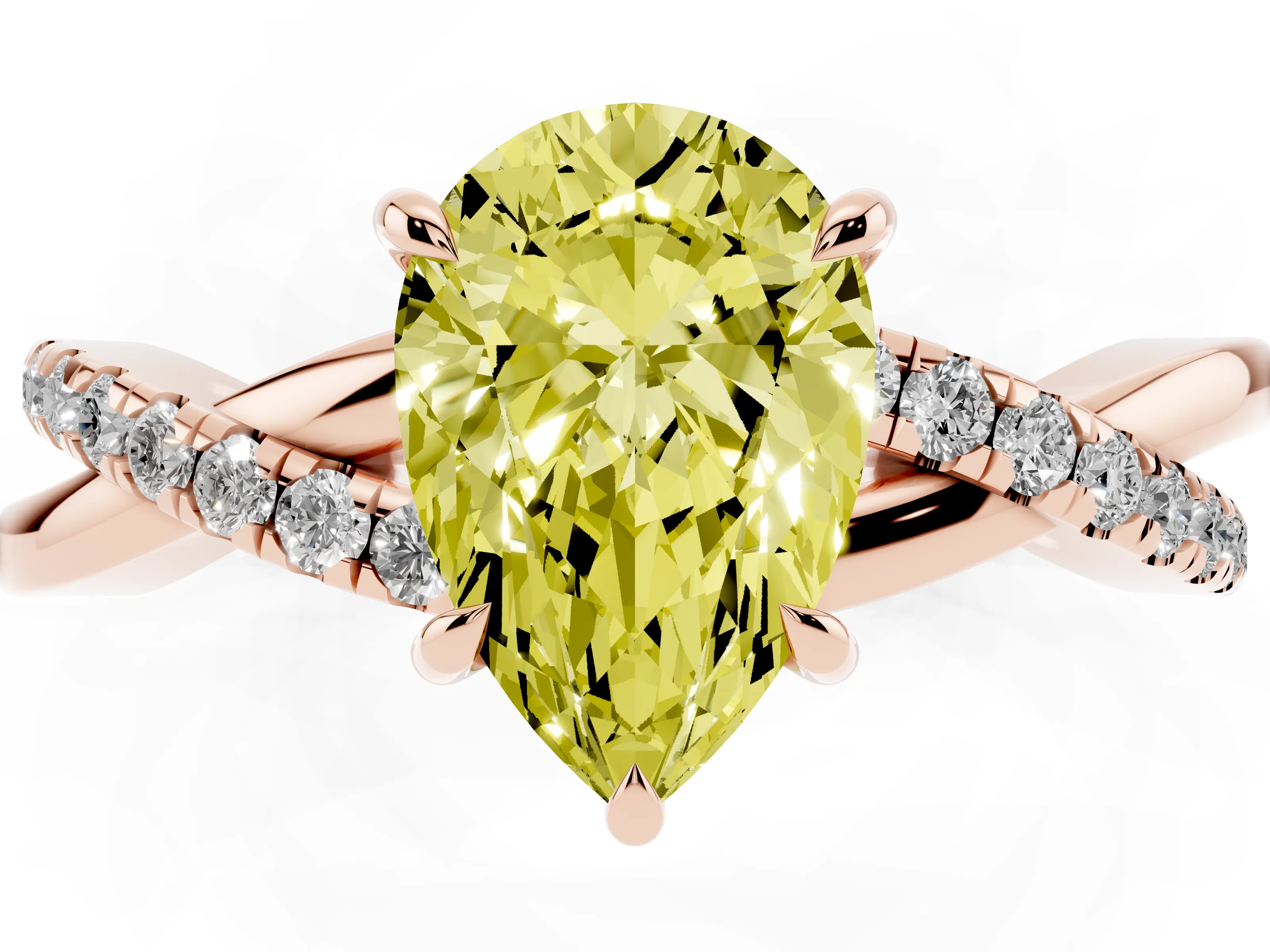 Fancy Yellow Pear Cut Diamond Twisted Pavé Band Ring Set in Rose gold with Prong Setting