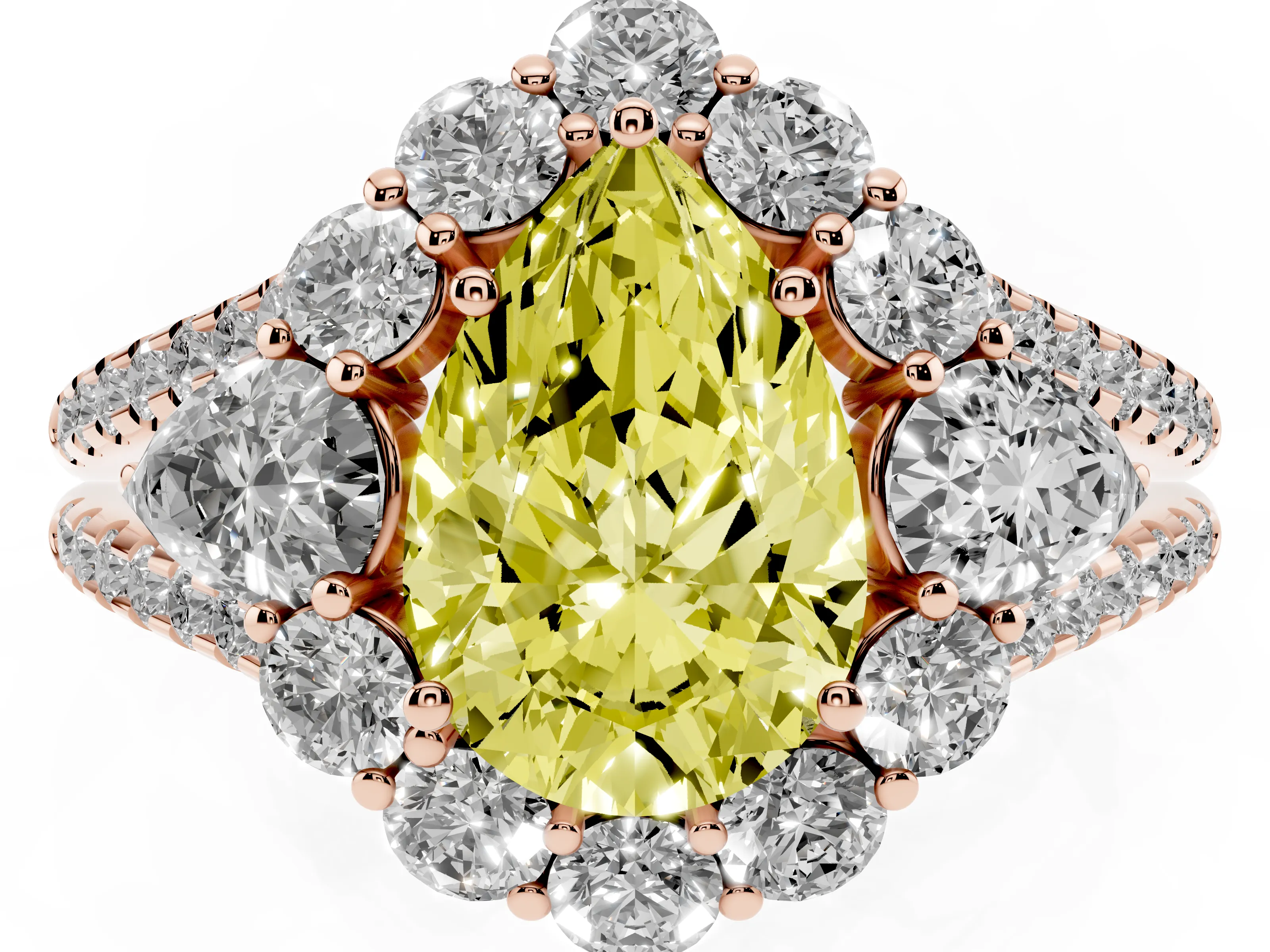 Fancy Yellow Pear Cut Diamond Halo Split Shank Engagement Ring Set in Rose gold with Prong-Held Center Stone
