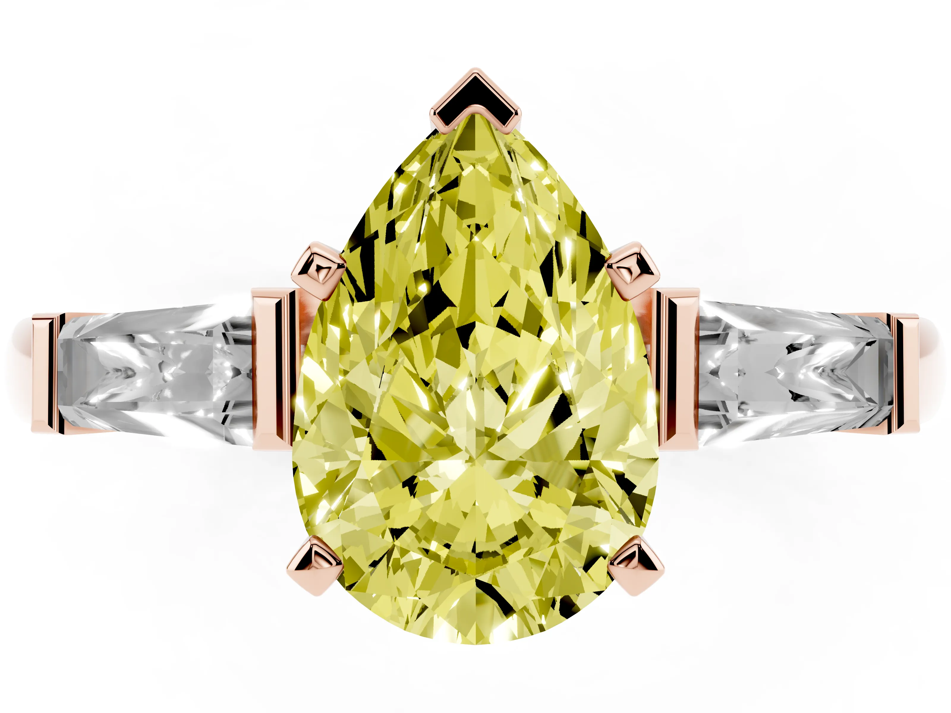 Fancy Yellow Pear Cut Diamond Solitaire Ring Set in Rose gold with Tapered Baguette Side Stones and Prong Setting