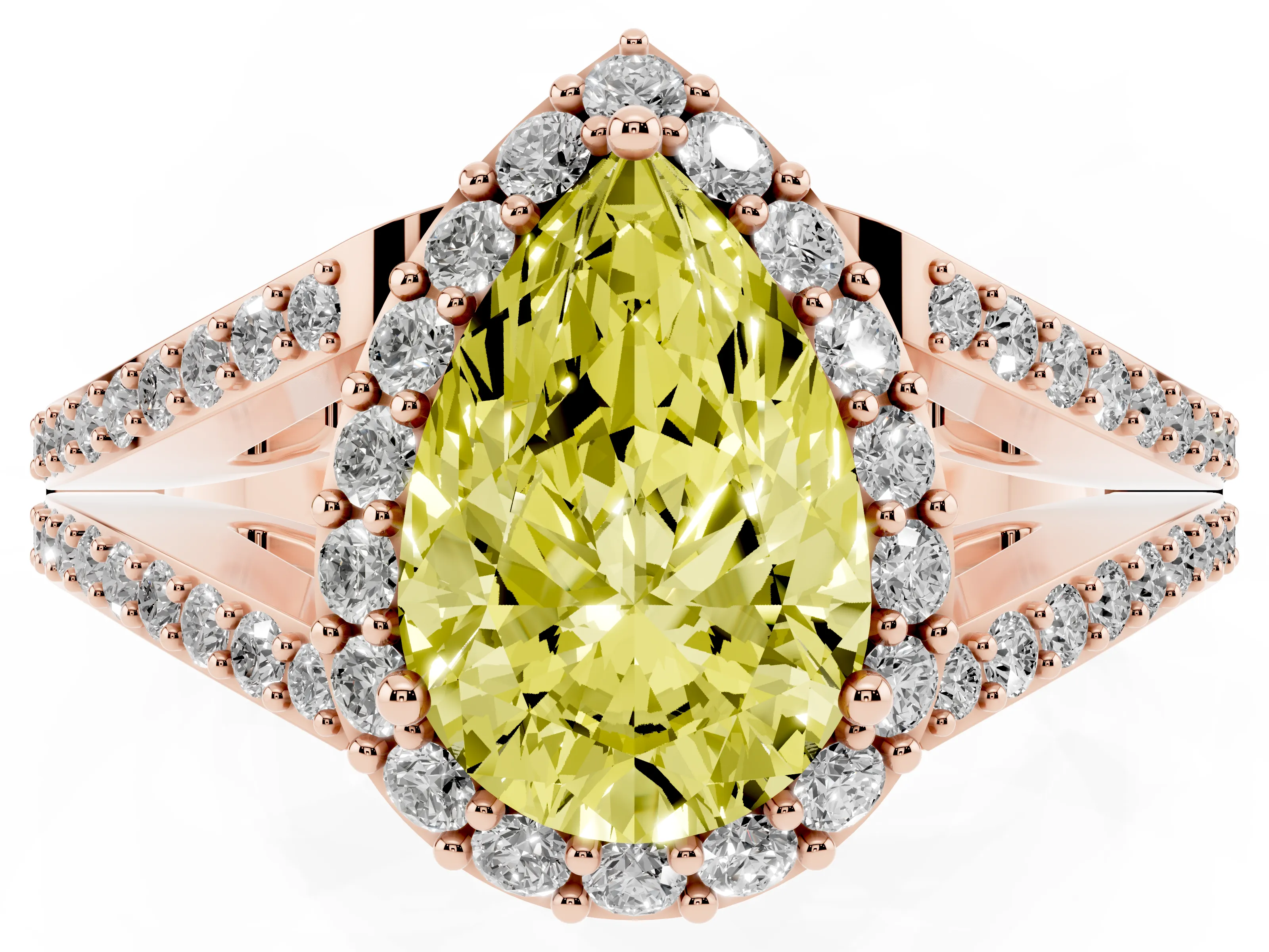 Fancy Yellow Pear Cut Diamond Halo Split Shank Pavé Ring Set in Rose gold with Prong Setting