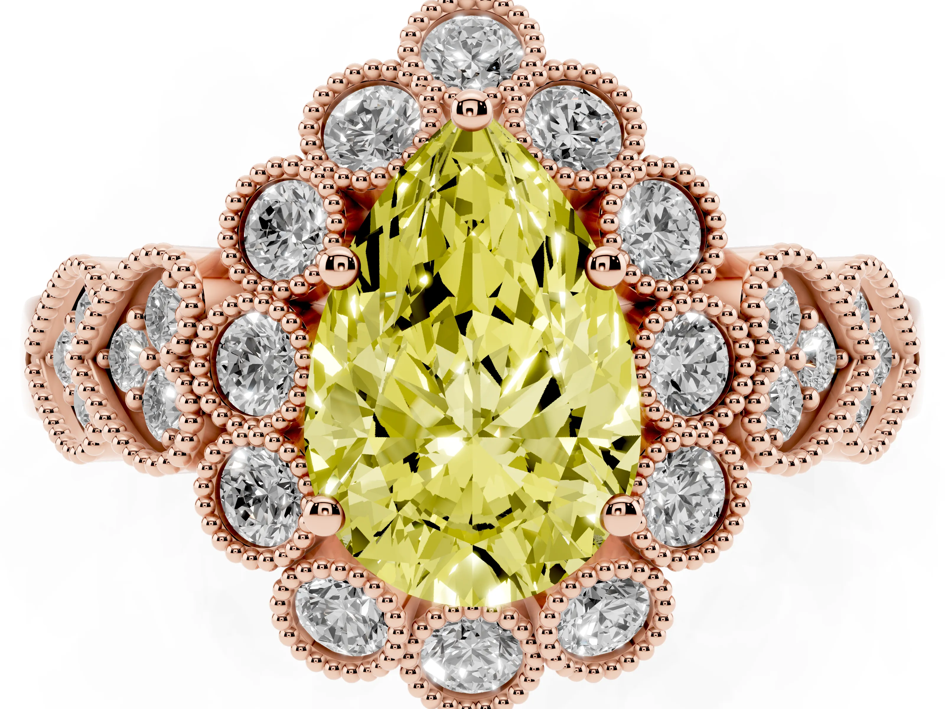 Fancy Yellow Pear Cut Diamond Solitaire Ring Set in Rose gold with Milgrain Pavé Heart Band