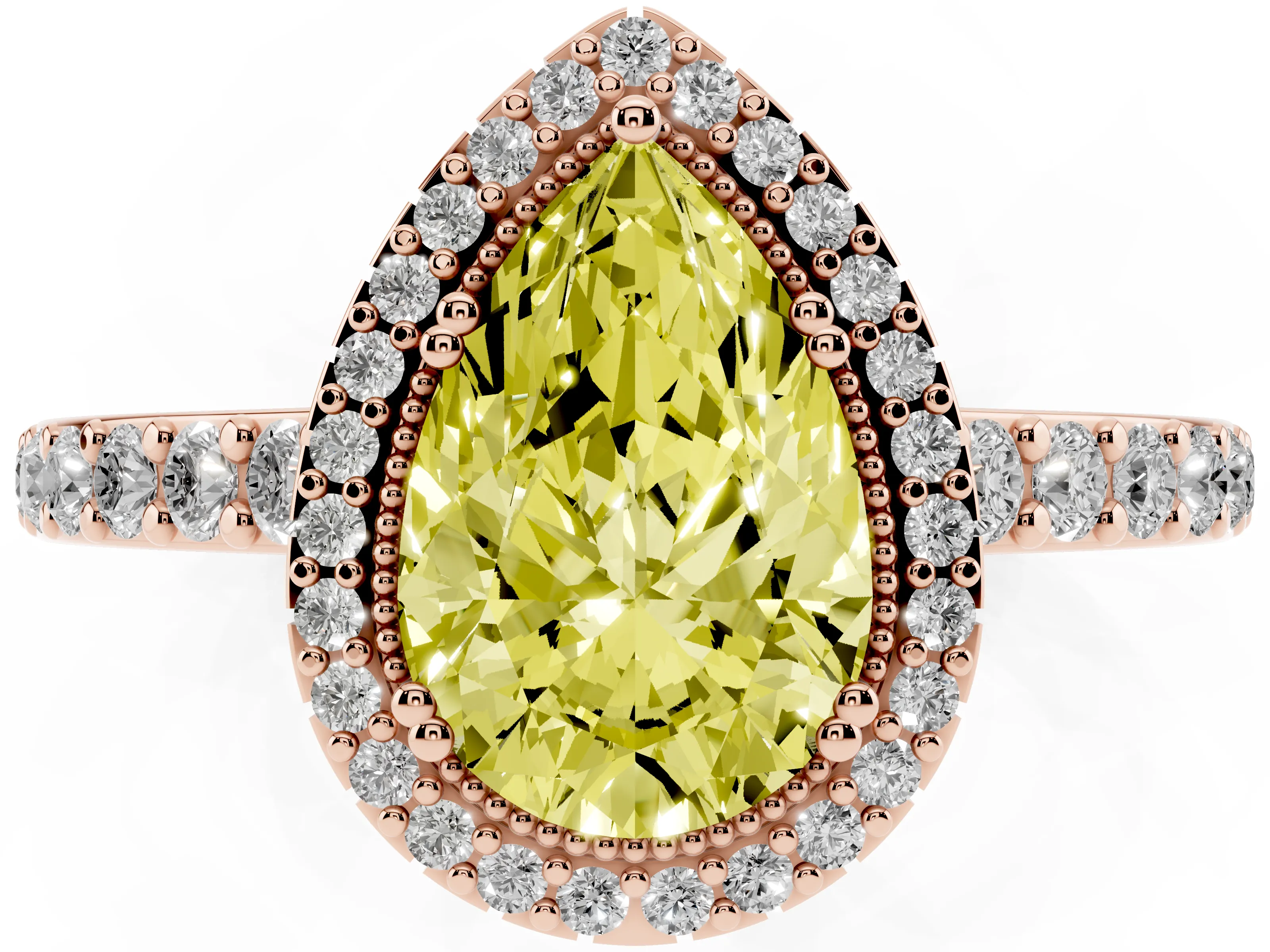Fancy Yellow Pear Cut Diamond Halo Engagement Ring Set in Rose gold with Milgrain Detail and Pavé Band