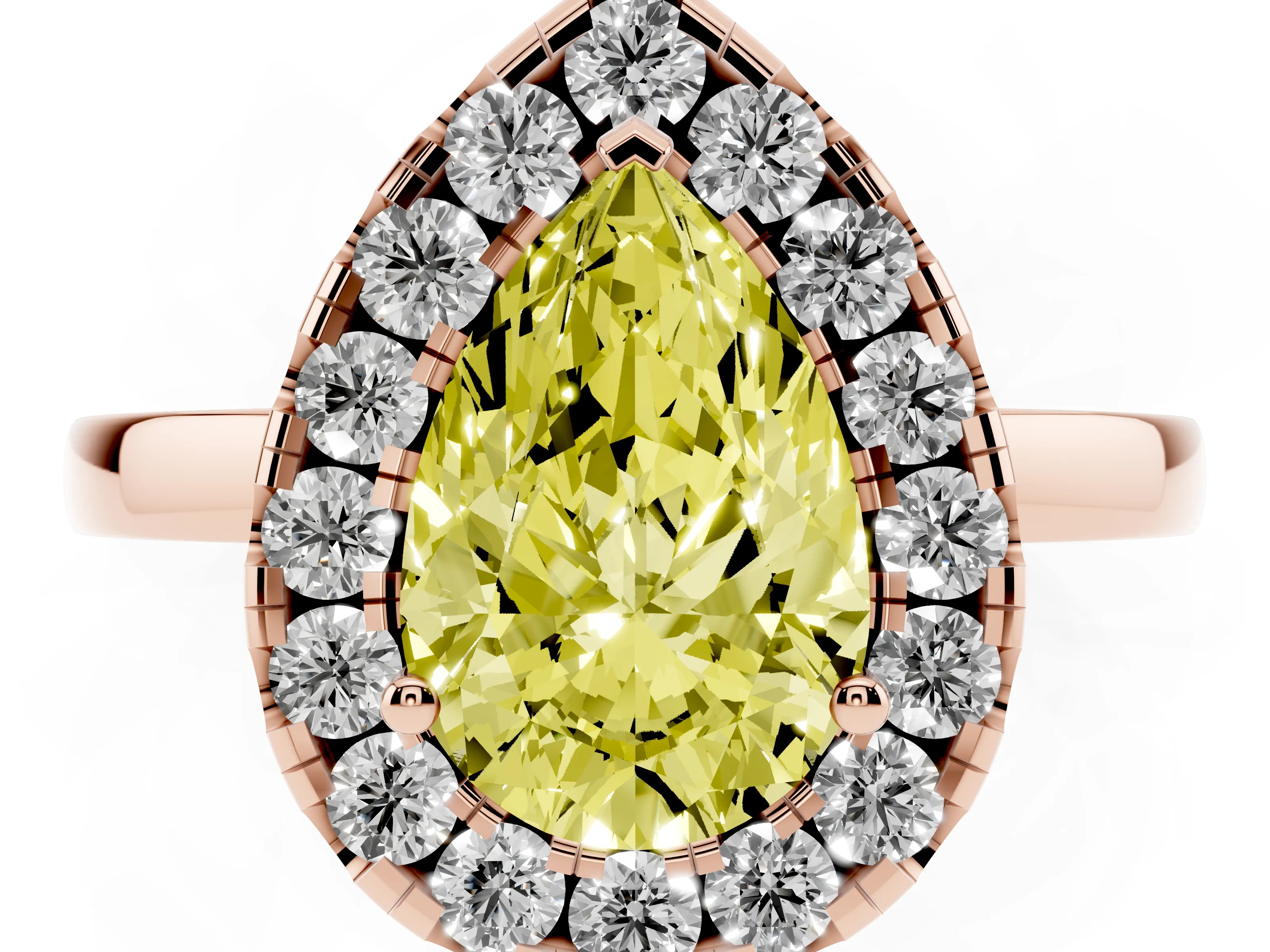 Fancy Yellow Pear Cut Diamond Halo Solitaire Ring Set in Rose gold with Pavé Band and Prong Setting