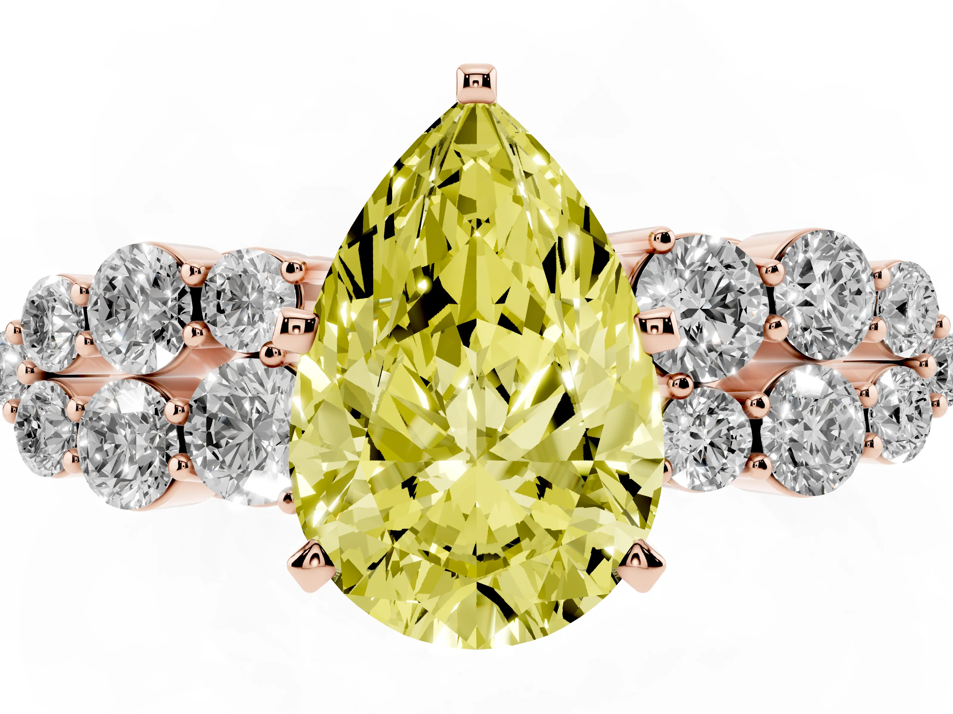 Fancy Yellow Pear Cut Diamond Cluster Engagement Ring Set in Rose gold with Pavé Band and Prong Setting