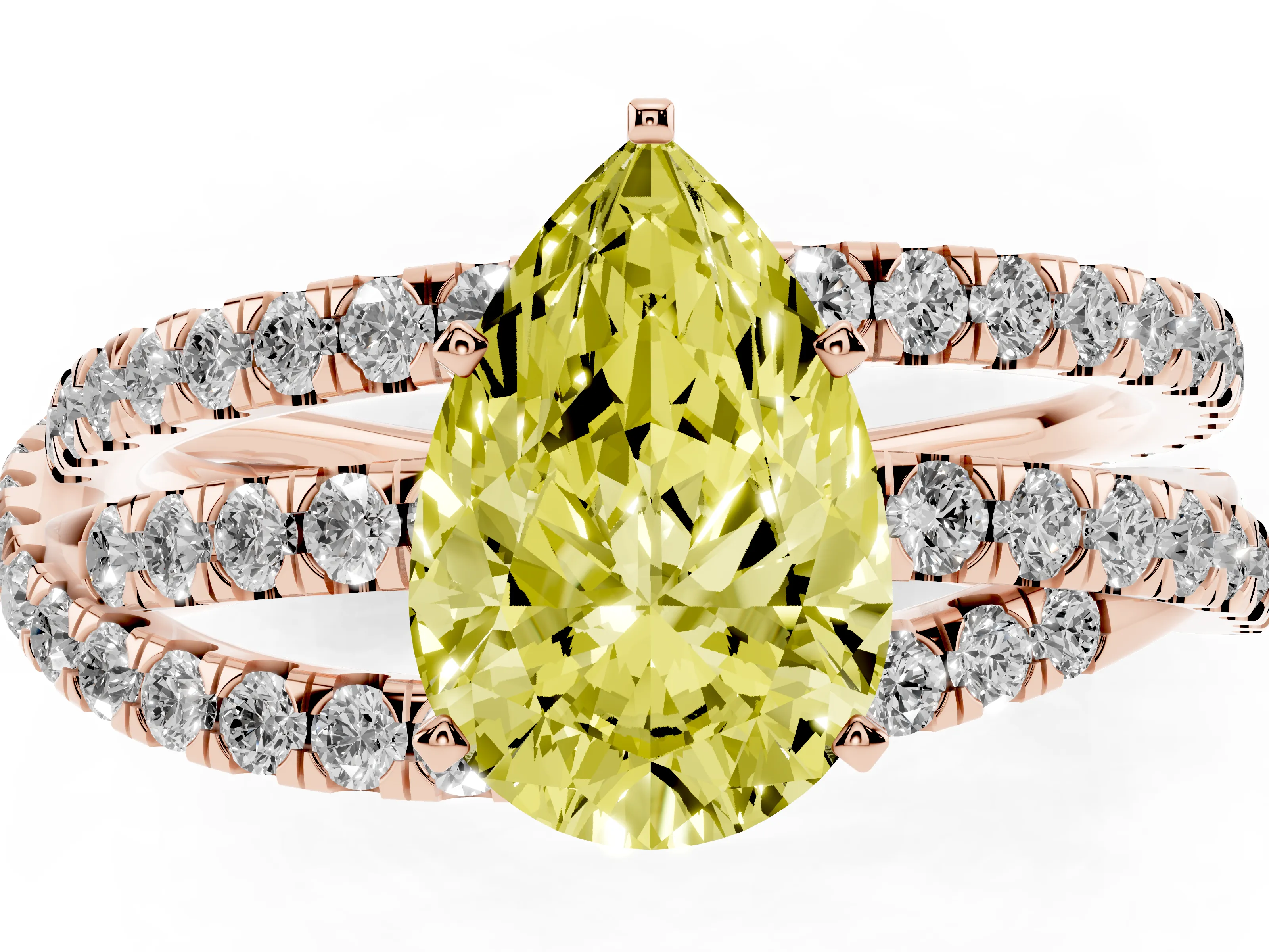Fancy Yellow Pear Cut Diamond Solitaire Twist Band Ring Set in Rose gold with Pavé Setting and Prong Head