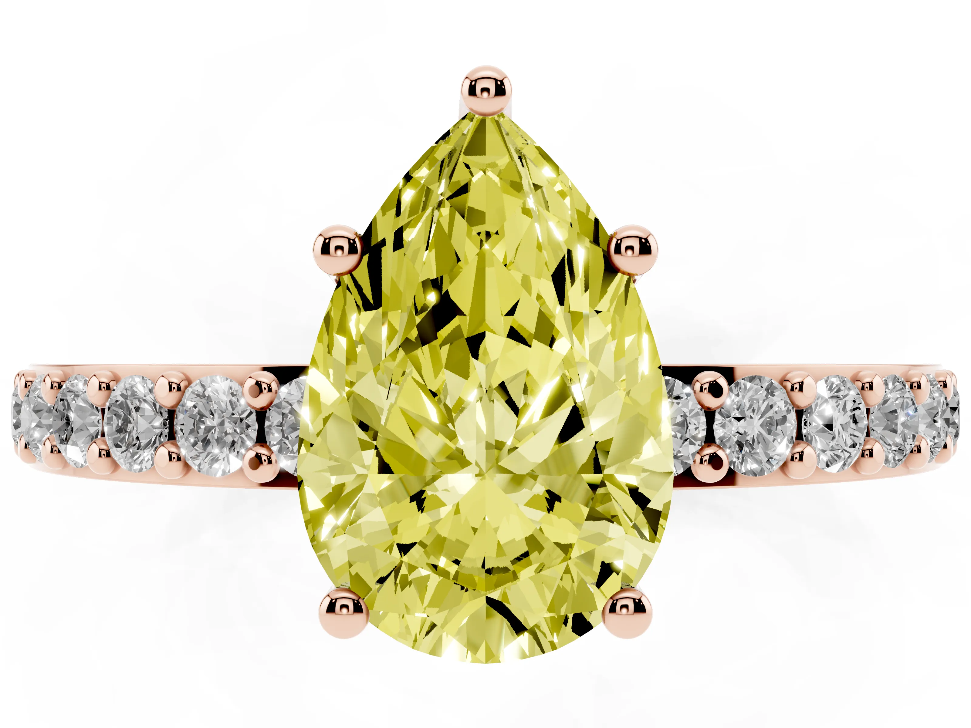 Fancy Yellow Pear Cut Diamond Solitaire Set in Rose gold with Round Pavé Band and Prong Setting