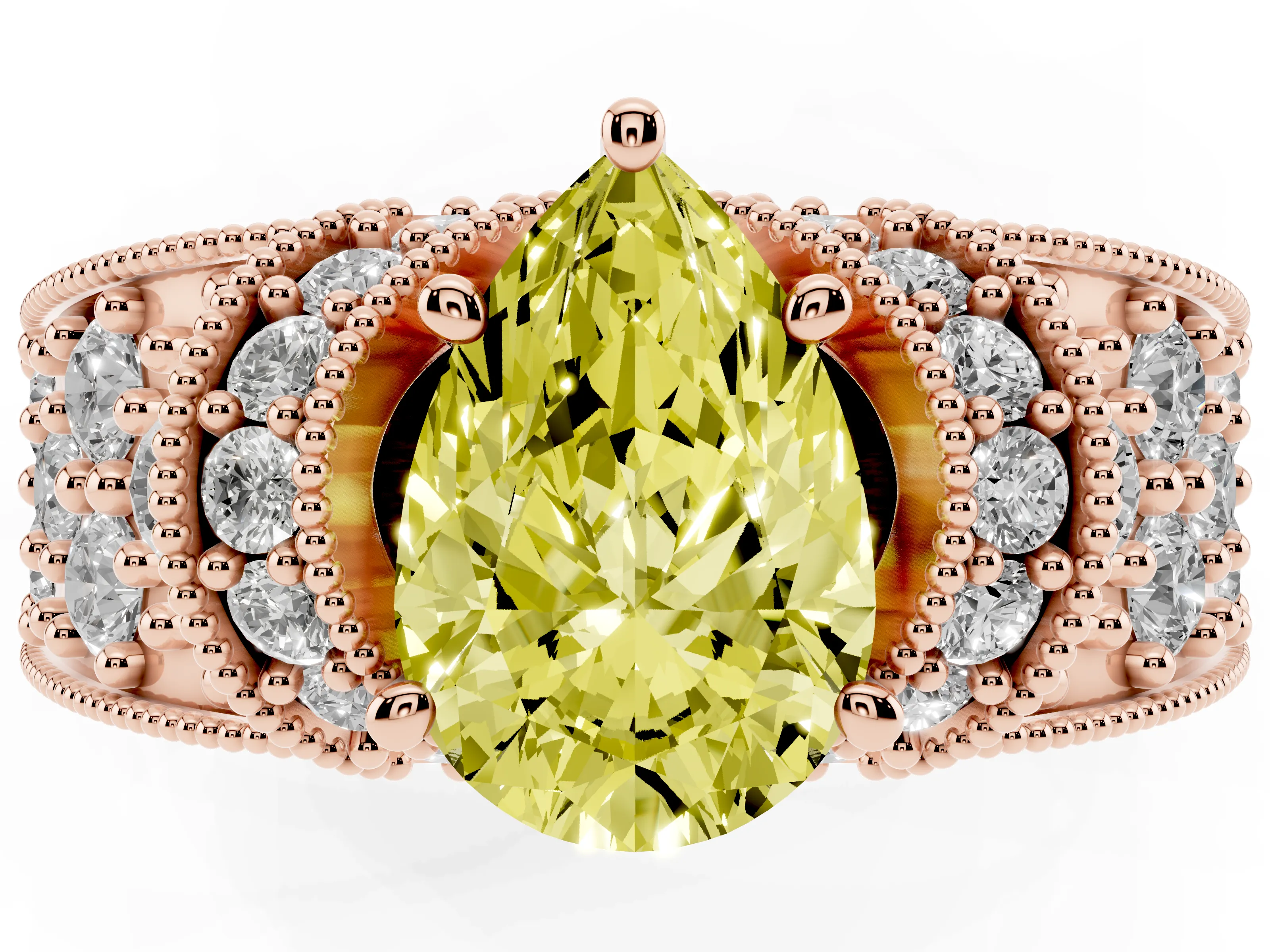 Fancy Yellow Pear Cut Diamond Milgrain Halo Pavé Engagement Ring Set in Rose gold with Prong Setting