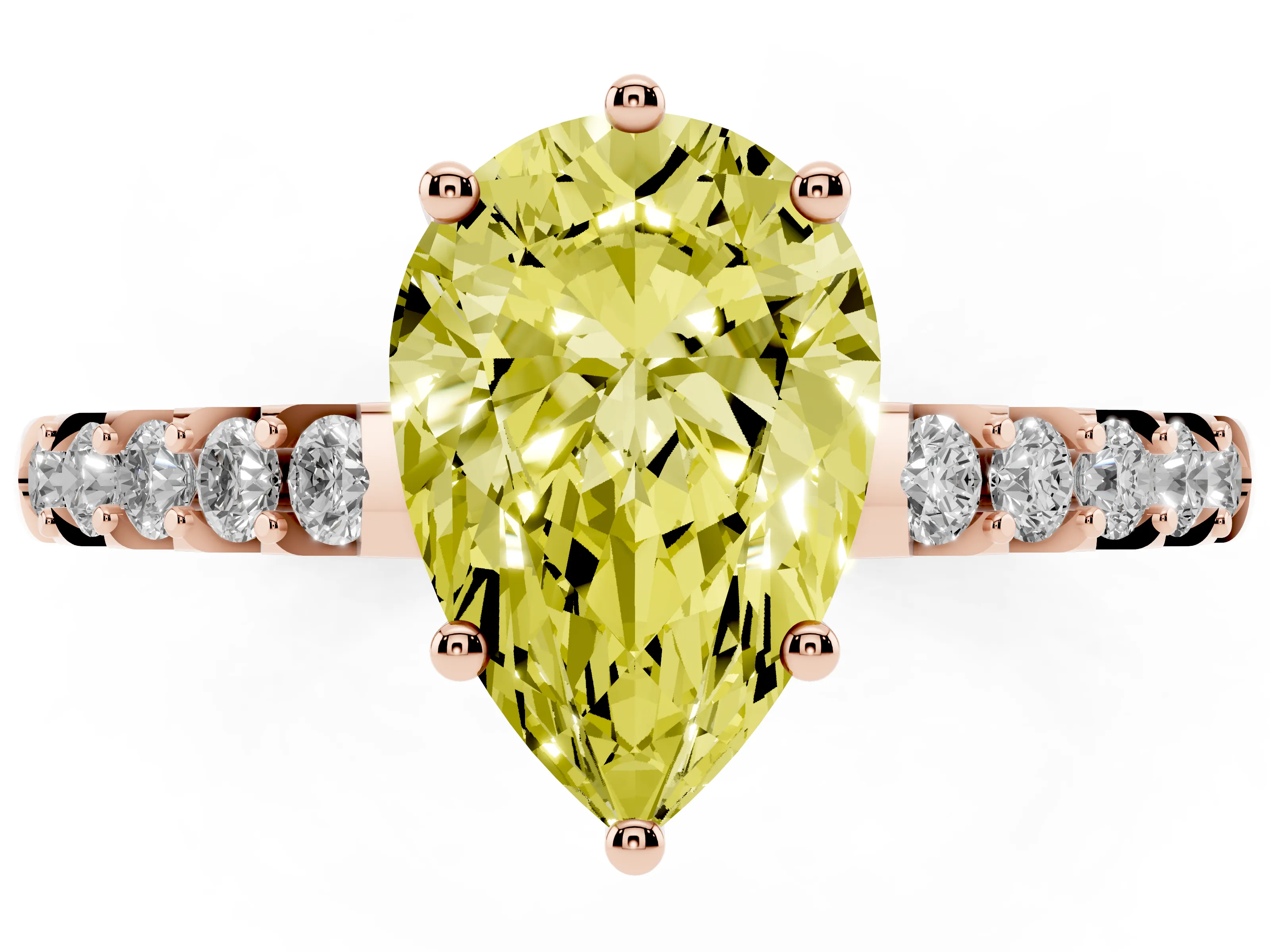 Fancy Yellow Pear Cut Diamond Solitaire Engagement Ring Set in Rose gold with Pavé Band and Prong Setting