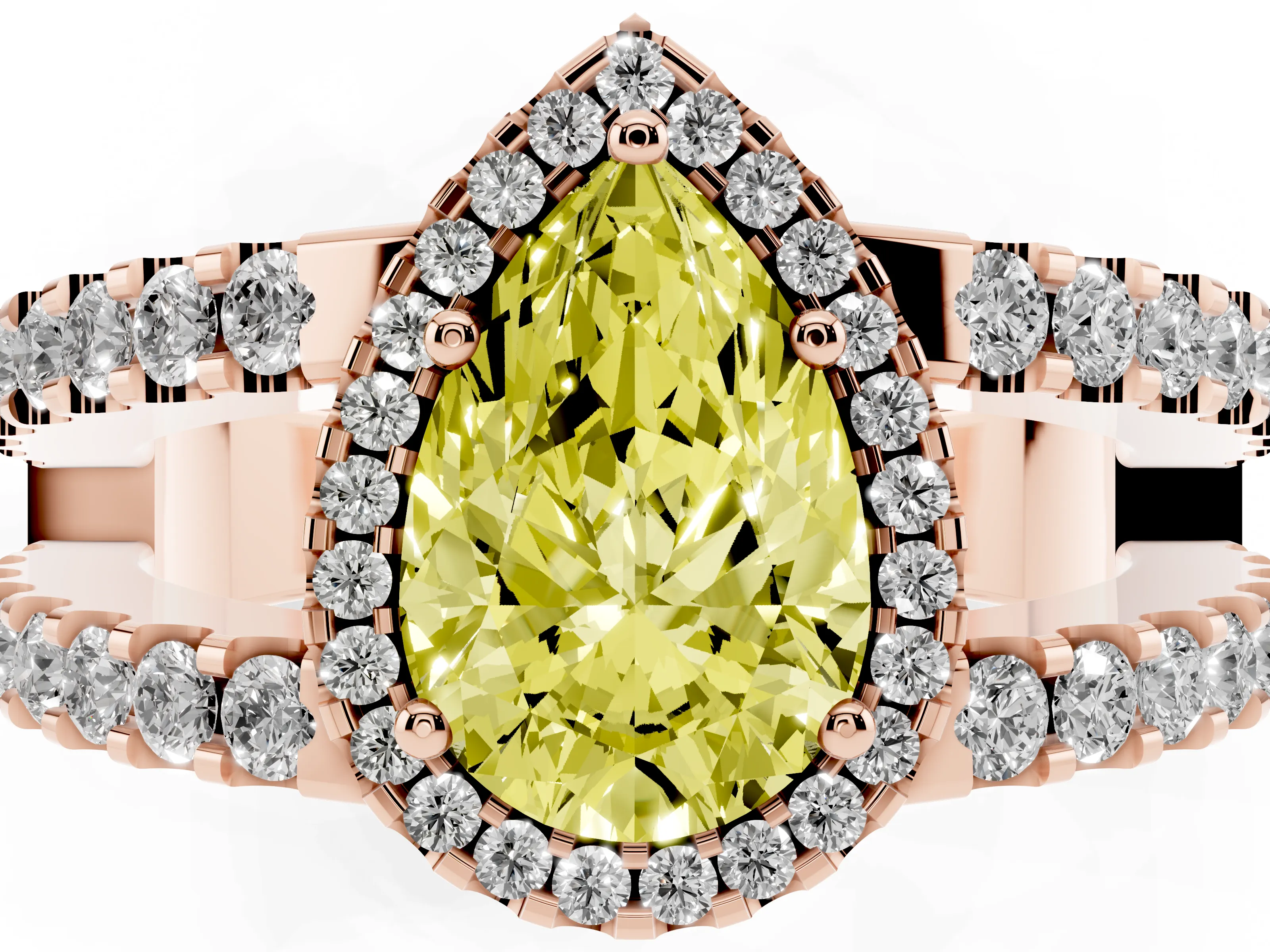 Fancy Yellow Pear Cut Diamond Halo Ring Set in Rose gold with Pavé Split Shank and Prong Setting