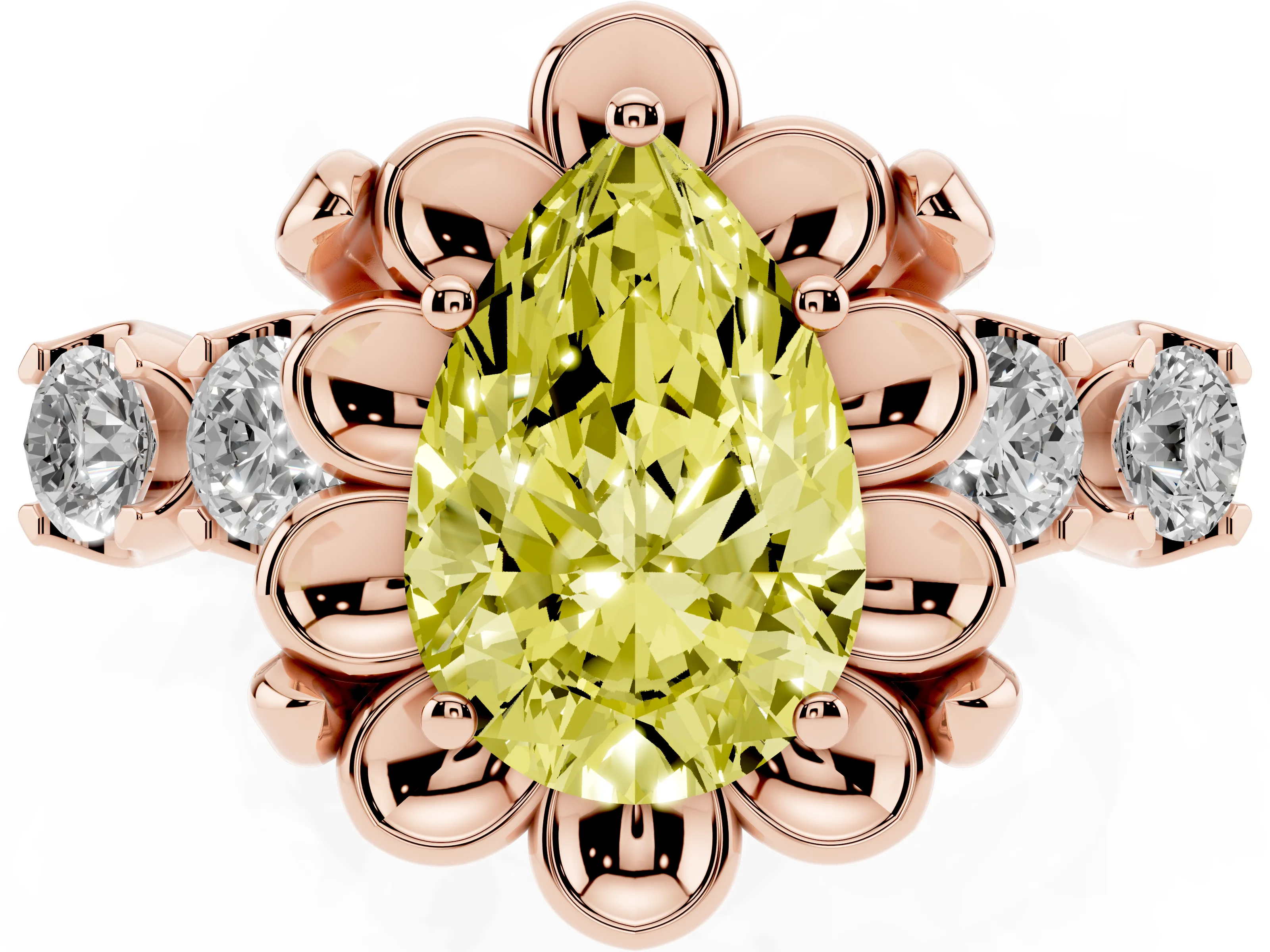 Fancy Yellow Pear Cut Diamond Floral Halo Ring Set in Rose gold with Shared Prong Band