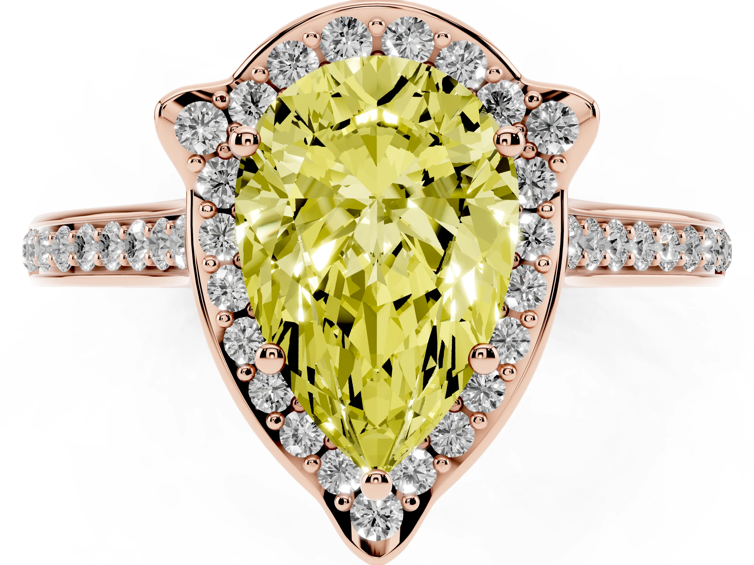 Fancy Yellow Pear Cut Diamond Halo Ring Set in Rose gold with Pavé-Lined Shoulders and Prong Setting
