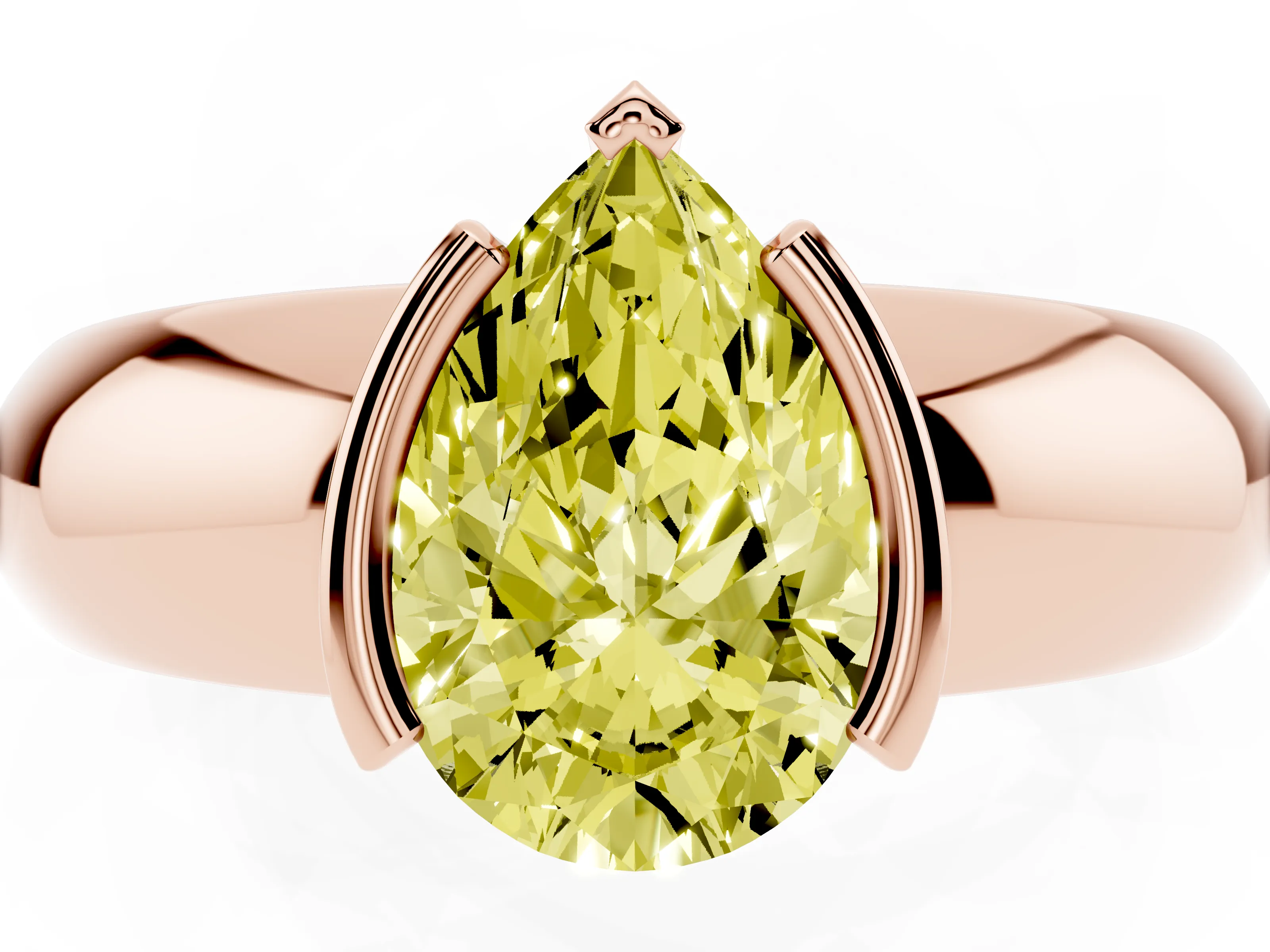 Fancy Yellow Pear Cut Diamond Solitaire Tension Set Ring Set in Rose gold with Wide Band