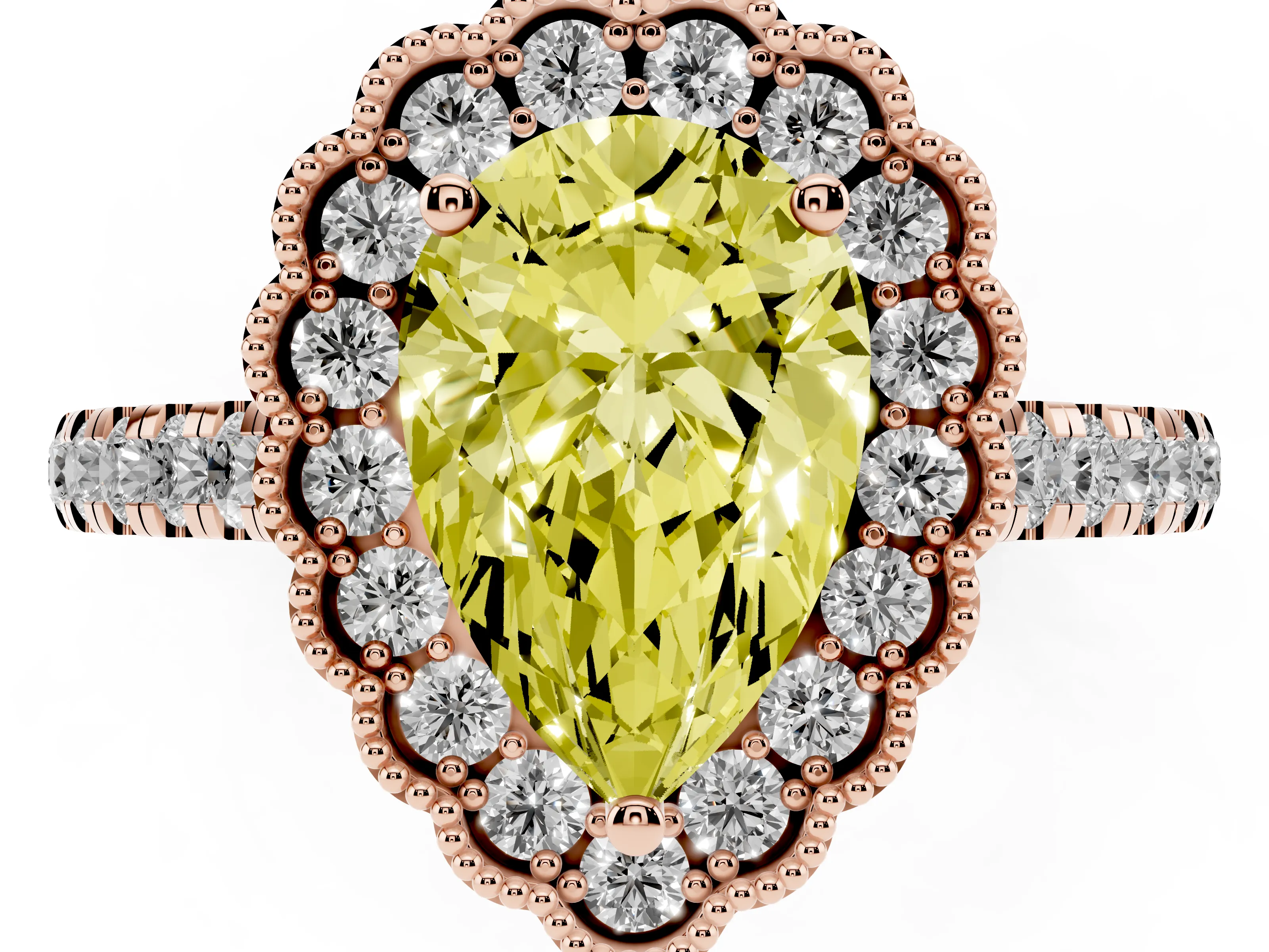 Fancy Yellow Pear Cut Diamond Milgrain Floral Halo Engagement Ring Set in Rose gold with Pavé Band