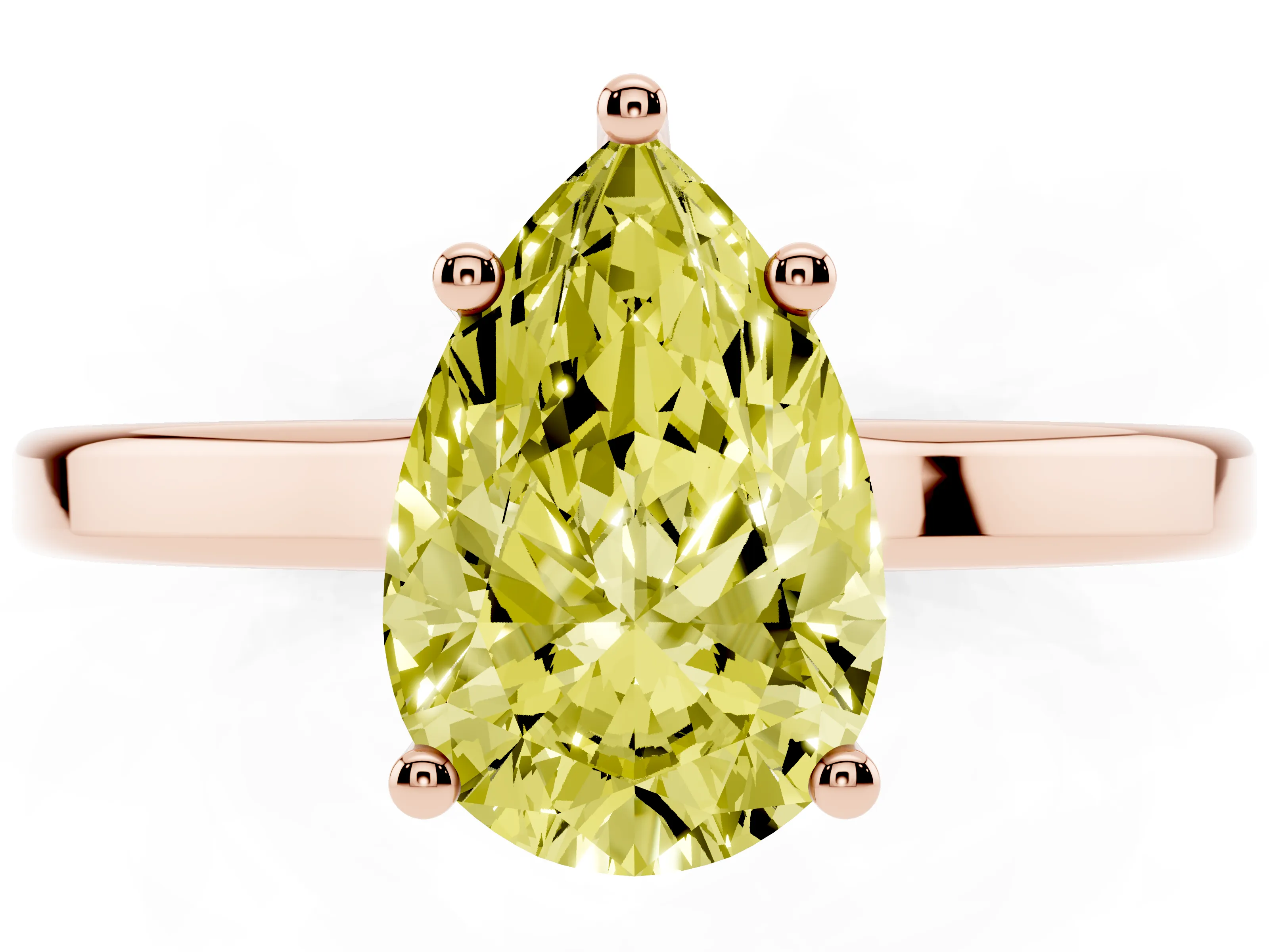 Fancy Yellow Pear Cut Diamond Solitaire Engagement Ring Set in Rose gold with Prong Setting on a Plain Band