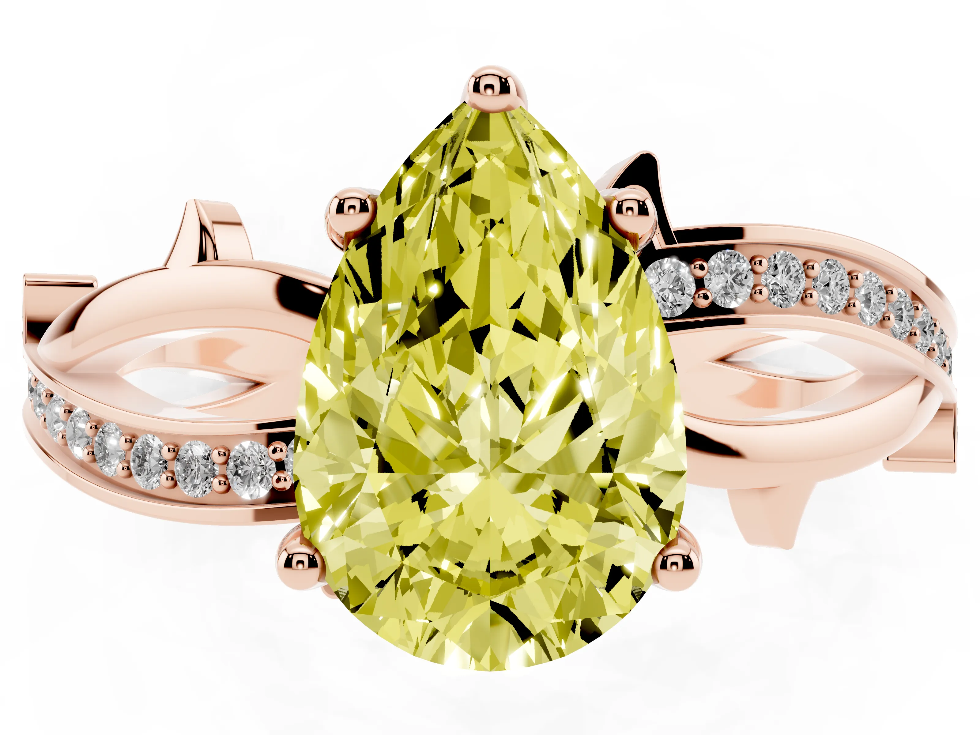 Fancy Yellow Pear Cut Diamond Pavé Twist Band Solitaire Ring Set in Rose gold with Prong Setting