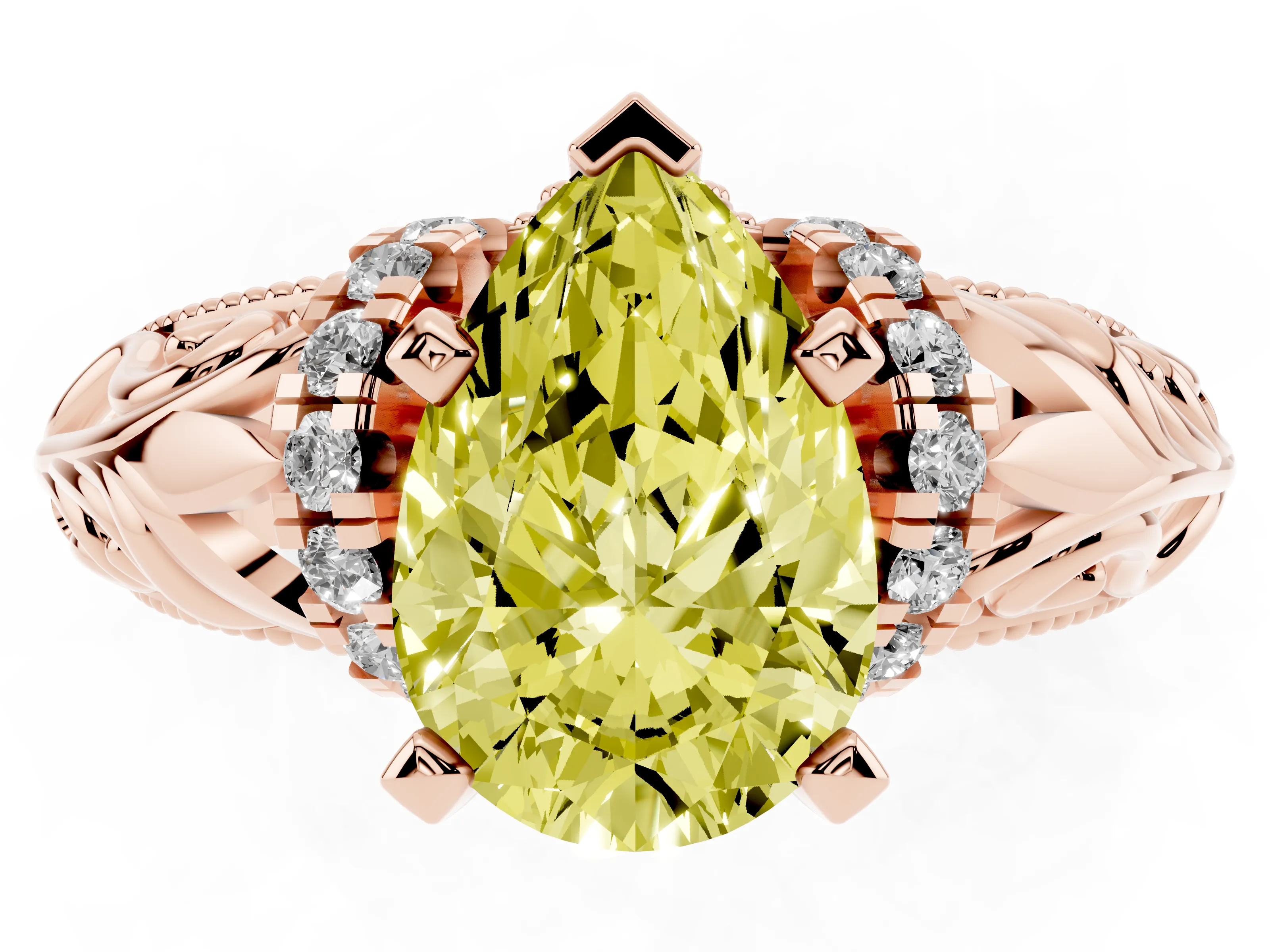 Fancy Yellow Pear Cut Diamond Filigree Halo Engagement Ring Set in Rose gold with Prong Setting