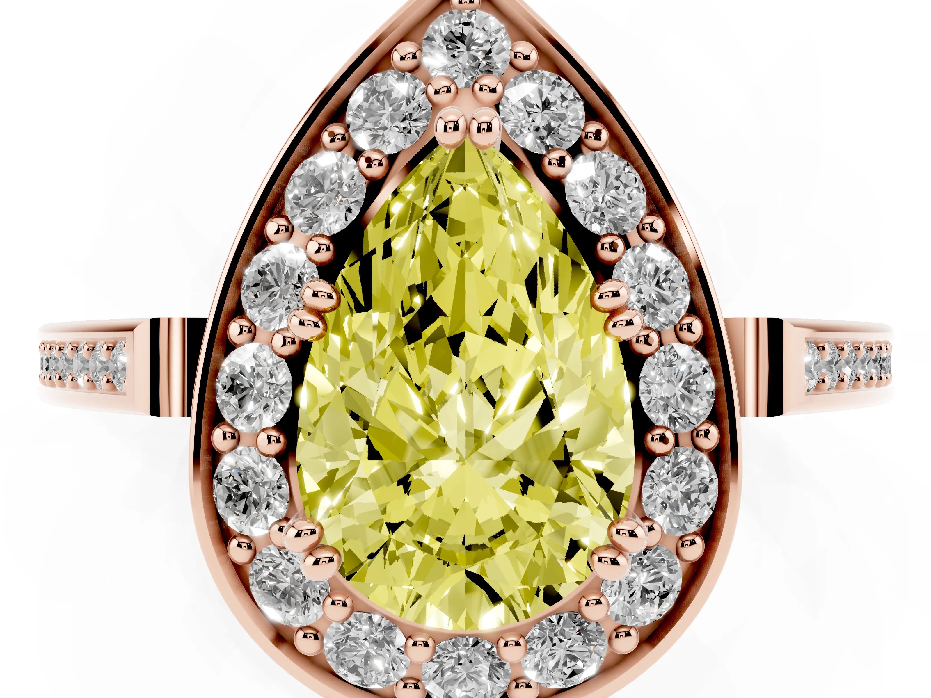 Fancy Yellow Pear Cut Diamond Halo Ring Set in Rose gold with Accent-Lined Split Shank and Prong Setting
