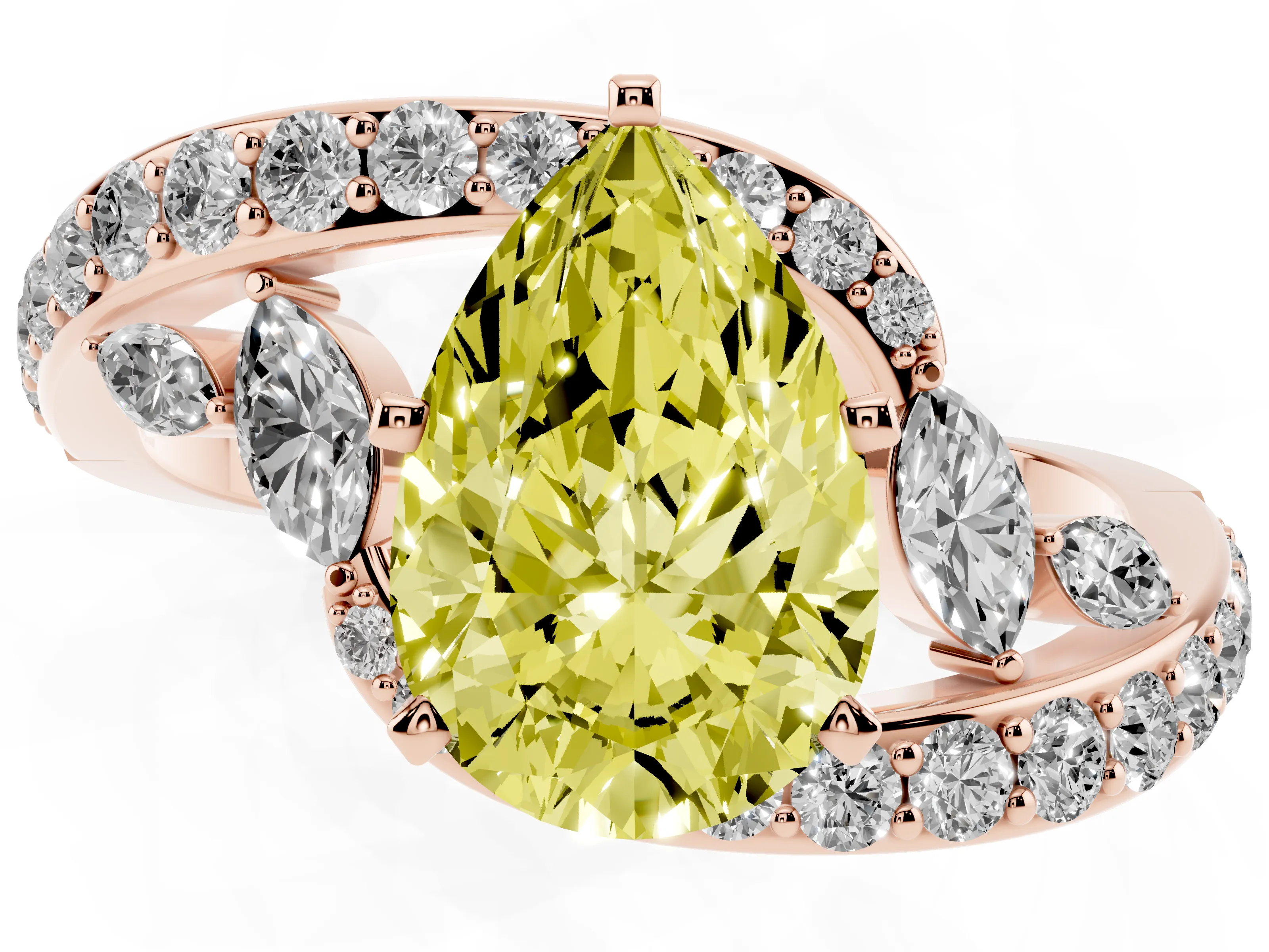 Fancy Yellow Pear Cut Diamond Solitaire Ring Set in Rose gold with Pavé Twist Band and Secure Prong Setting