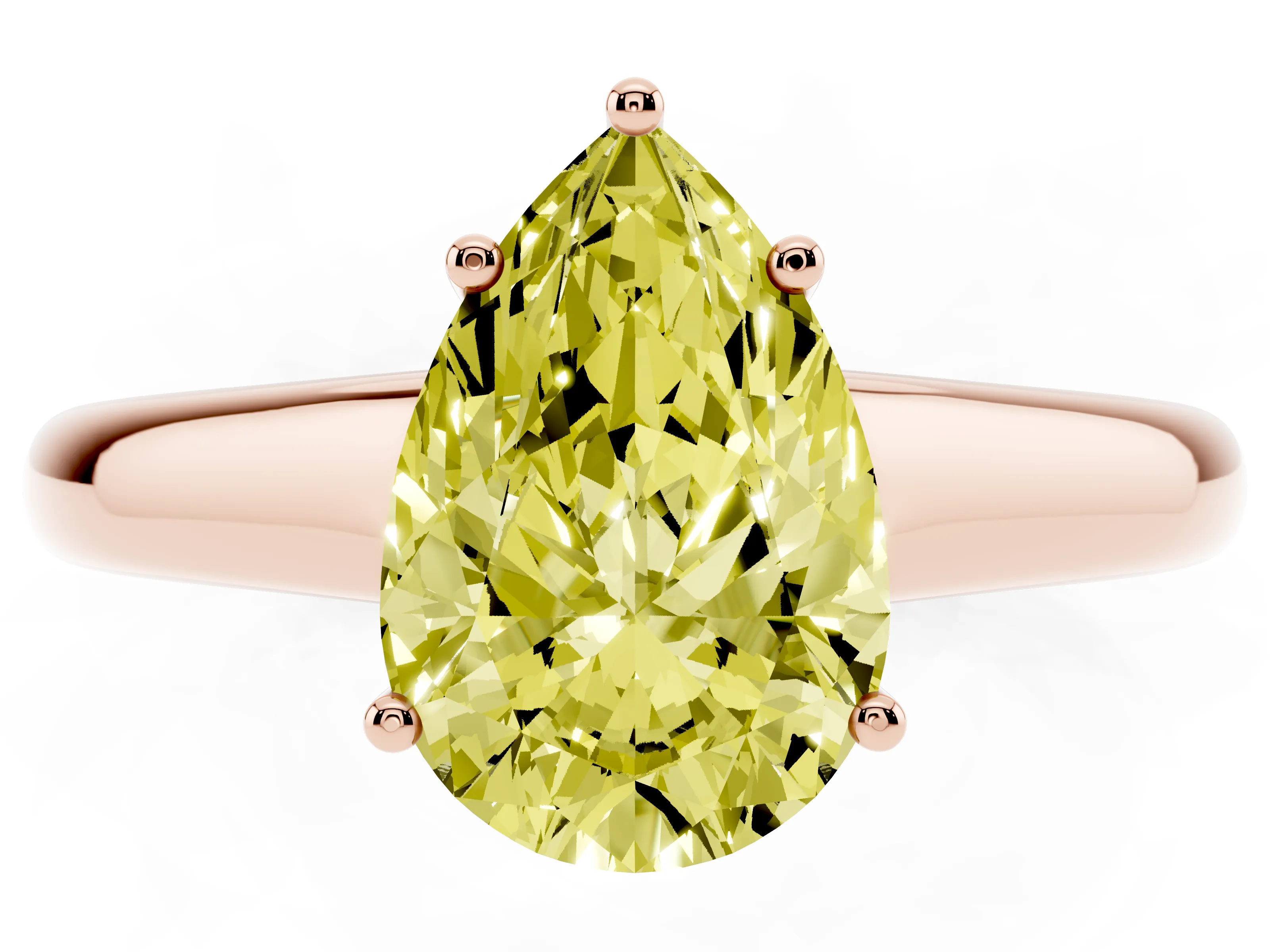 Fancy Yellow Pear Cut Diamond Solitaire Engagement Ring Set in Rose gold with Subtly Tapered Band and Prong Setting