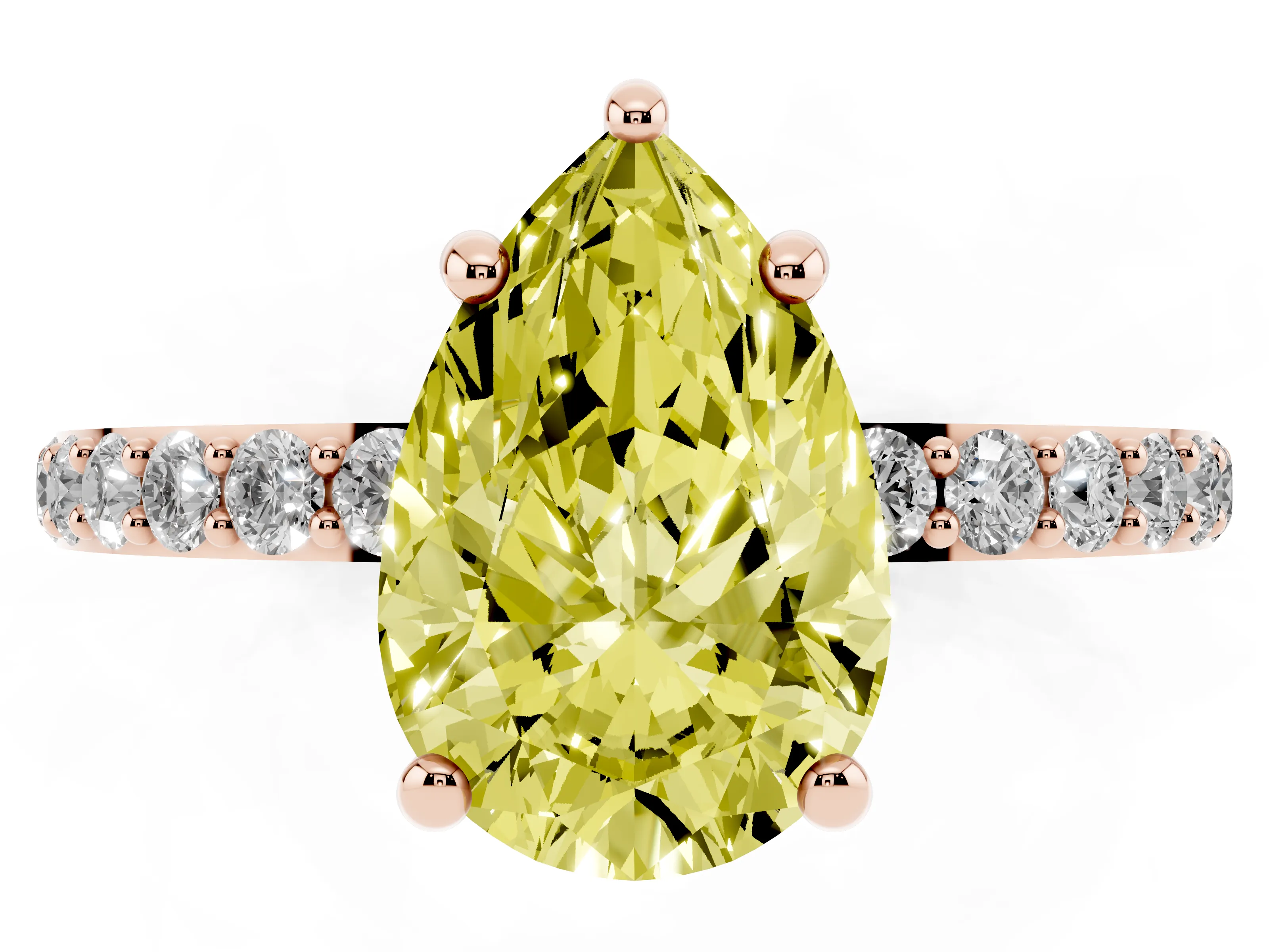 Fancy Yellow Pear Cut Diamond Solitaire Ring Set in Rose gold with Round Pavé Band and Prong Setting