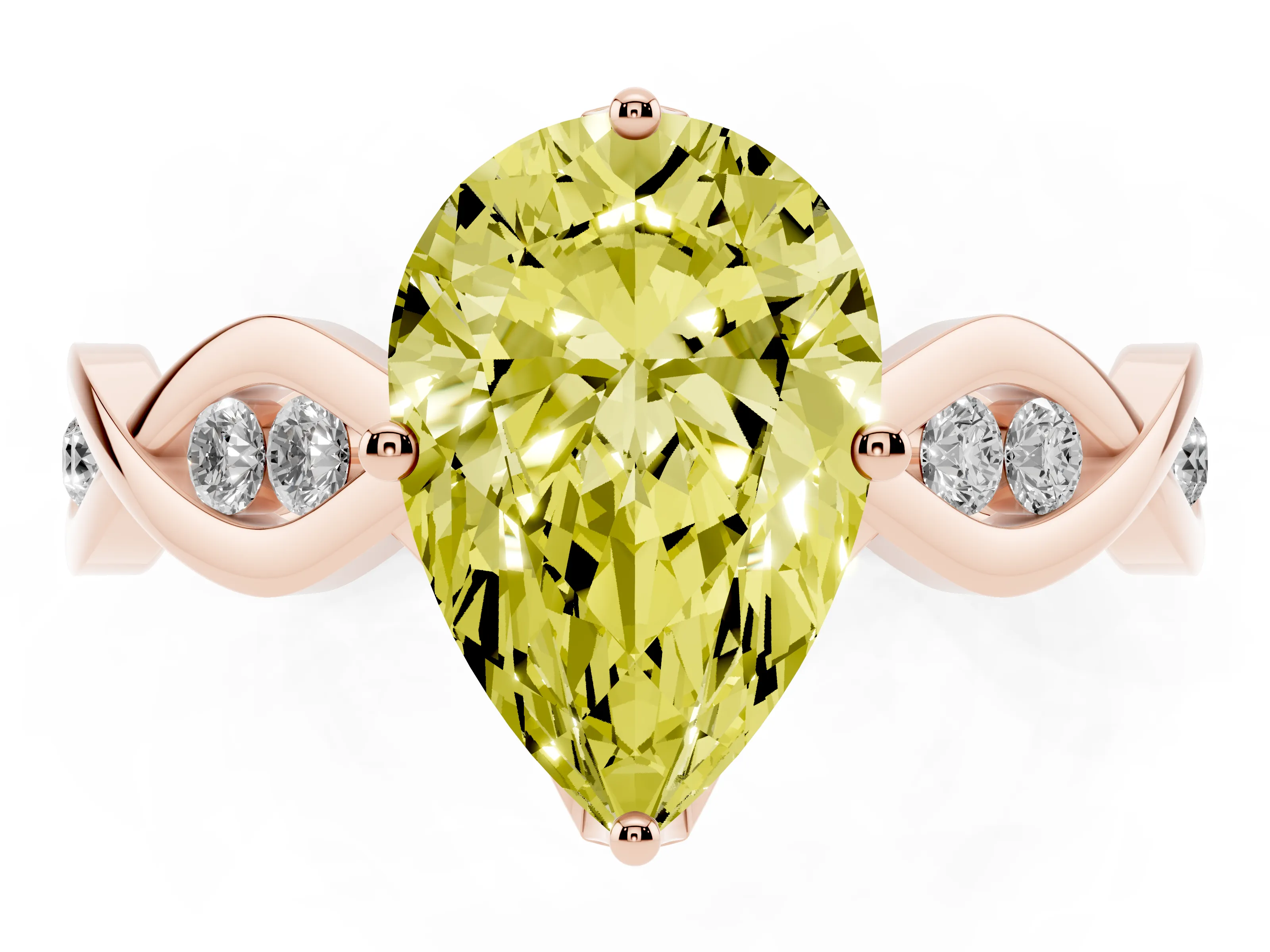 Fancy Yellow Pear Cut Diamond Twist Band Solitaire Ring Set in Rose gold with Leaf Prong Setting and Accent Stones