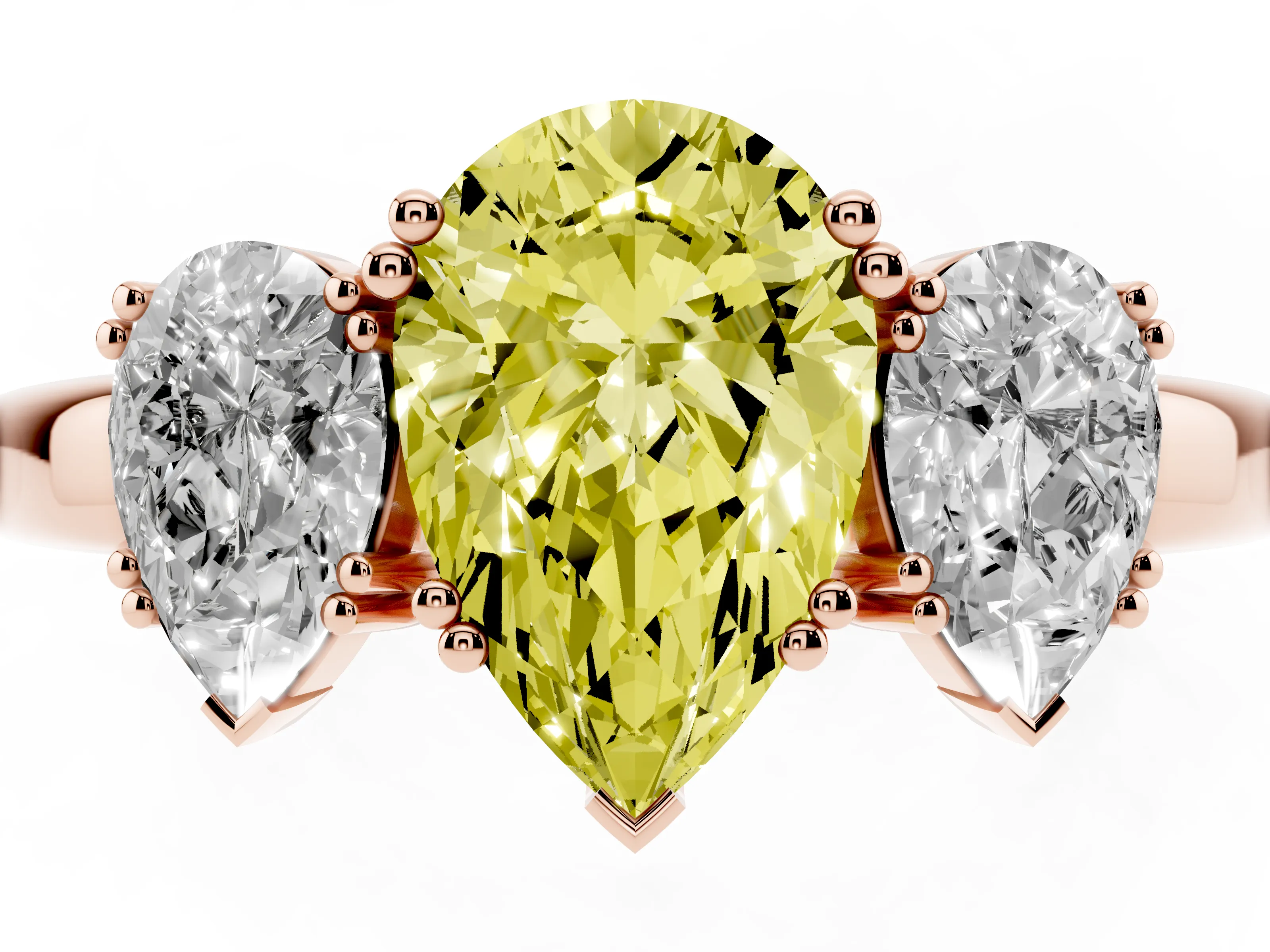 Fancy Yellow Pear Cut Diamond Three-Stone Ring Set in Rose gold with Polished Channel-Set Band
