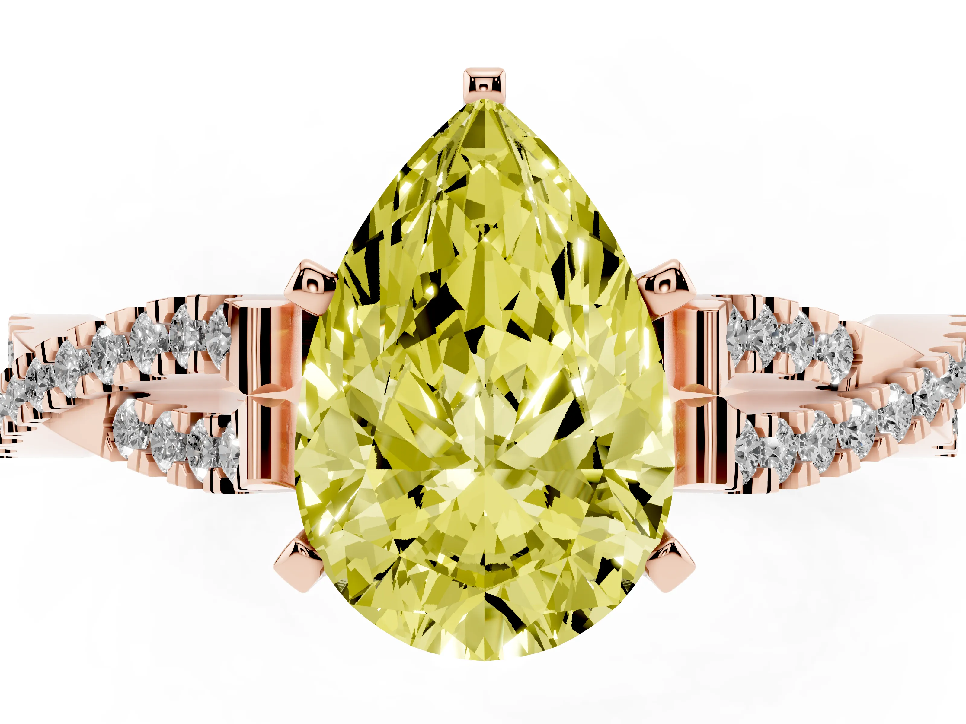 Fancy Yellow Pear Cut Diamond Solitaire Engagement Ring Set in Rose gold with Twisted Pavé Band and Prong Setting