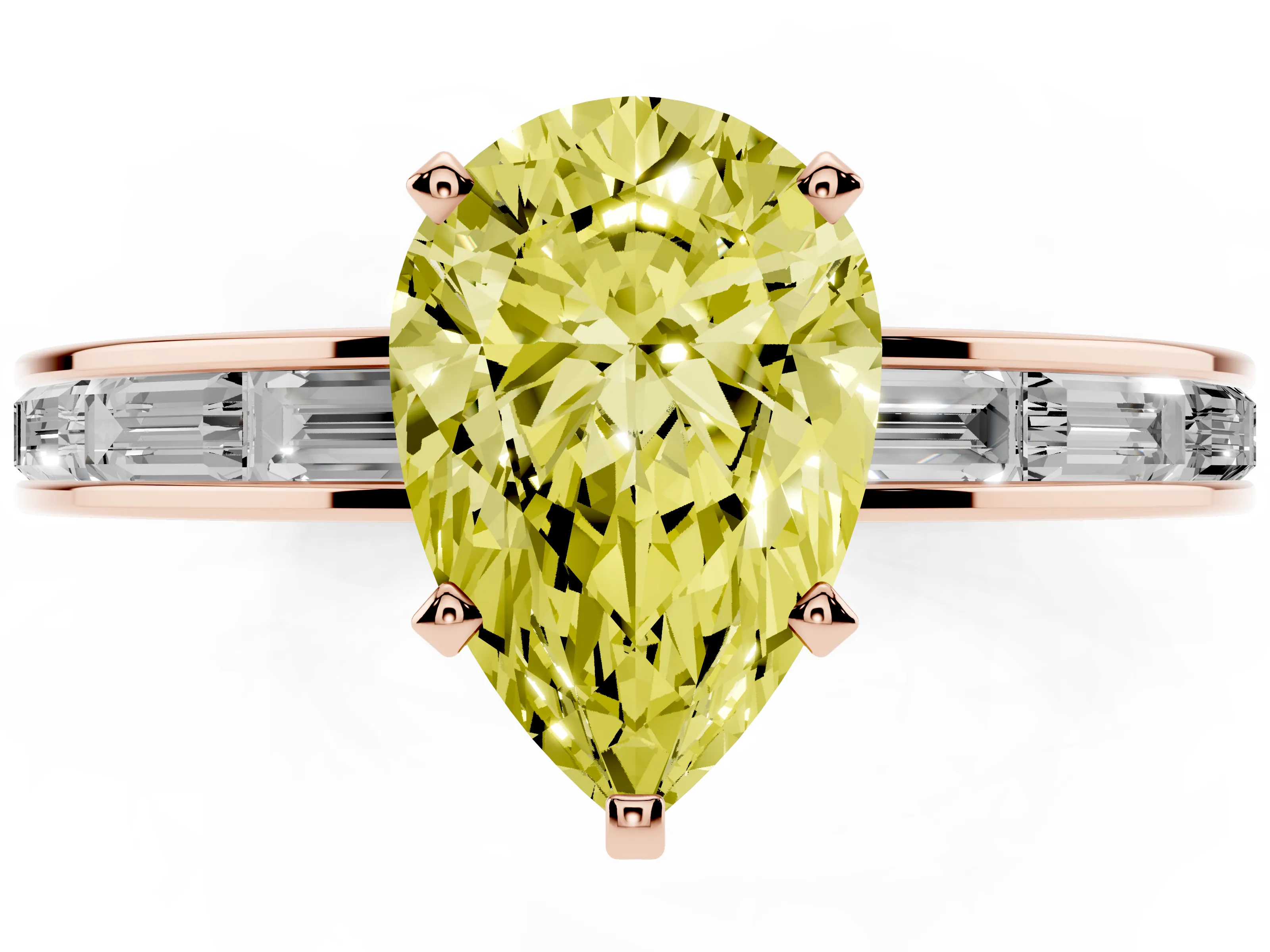 Fancy Yellow Pear Cut Diamond Solitaire Ring Set in Rose gold with Channel-Set Baguette Band and Prong Setting