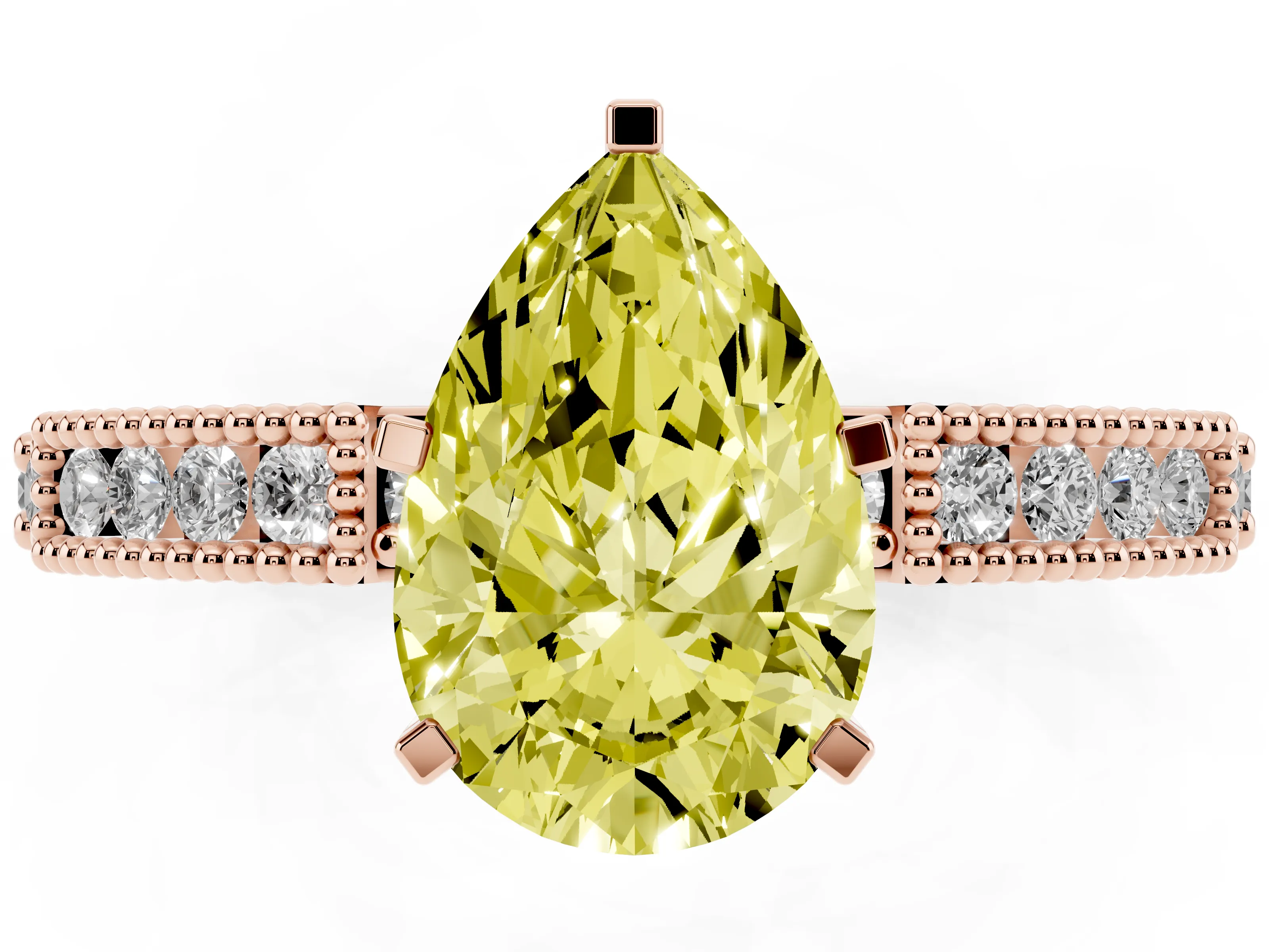 Fancy Yellow Pear Cut Diamond Solitaire Ring Set in Rose gold with Slim Pavé Band and Prong Setting