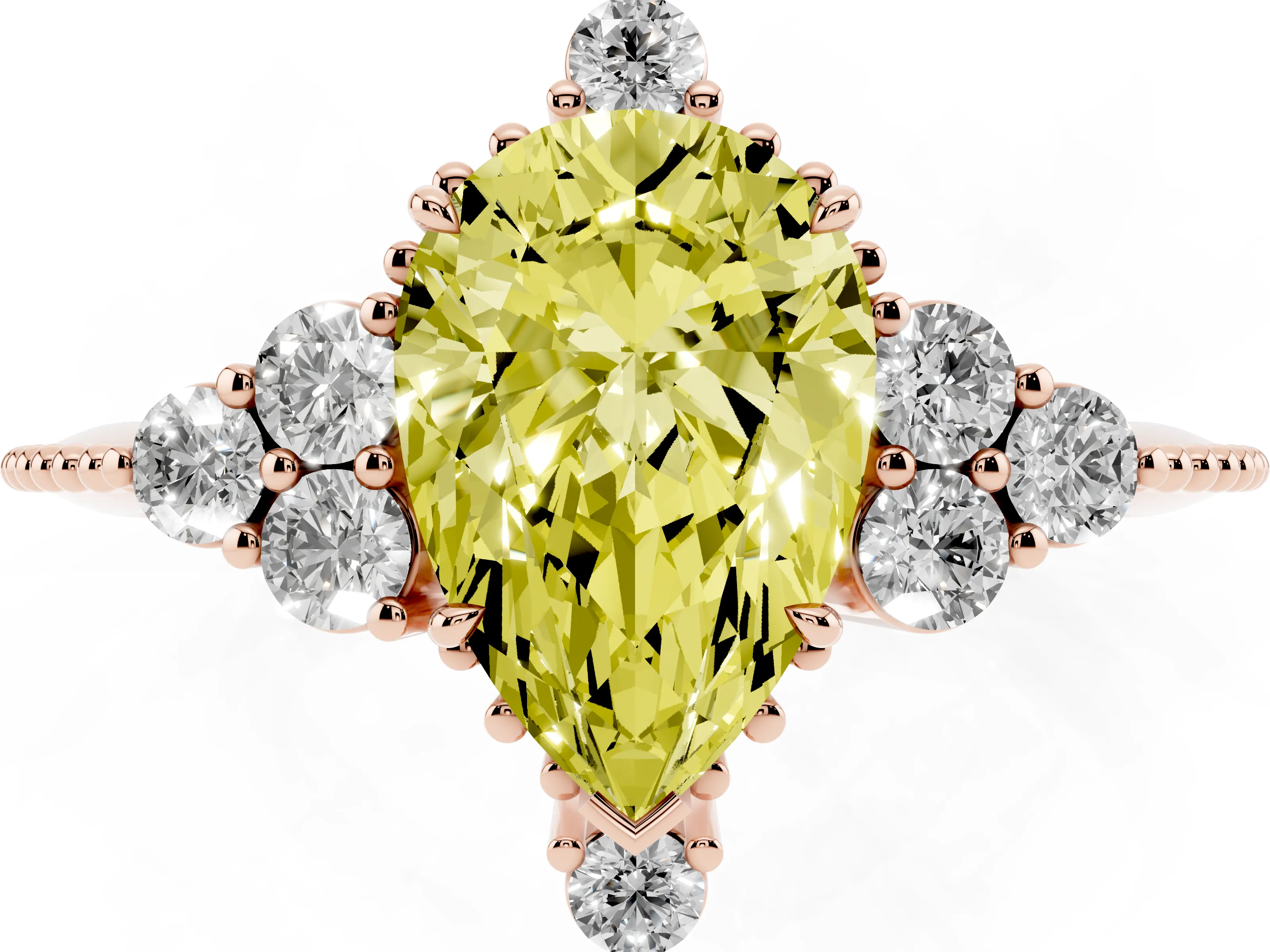 Fancy Yellow Pear Cut Diamond Cluster Ring Set in Rose gold with Beaded Band