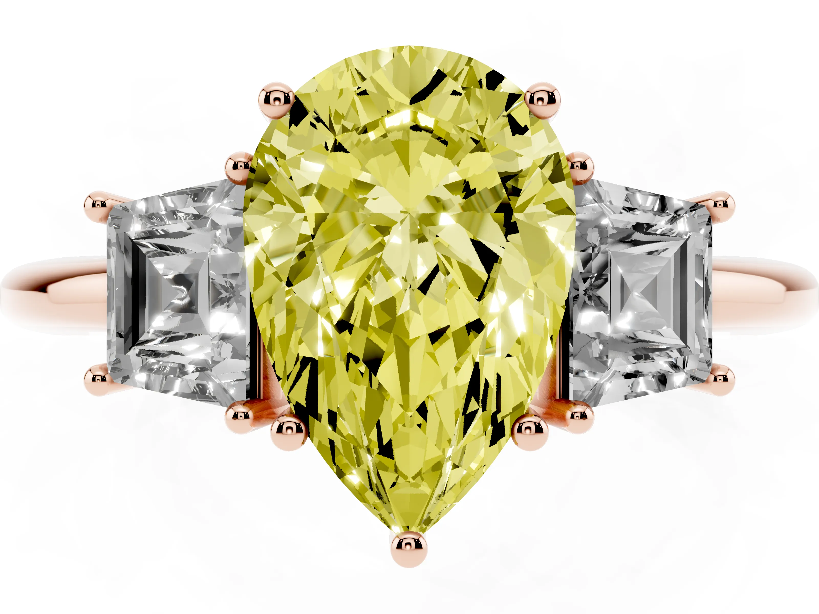 Fancy Yellow Pear Cut Diamond Three-Stone Ring Set in Rose gold with Trapezoid Side Stones and Prong Setting