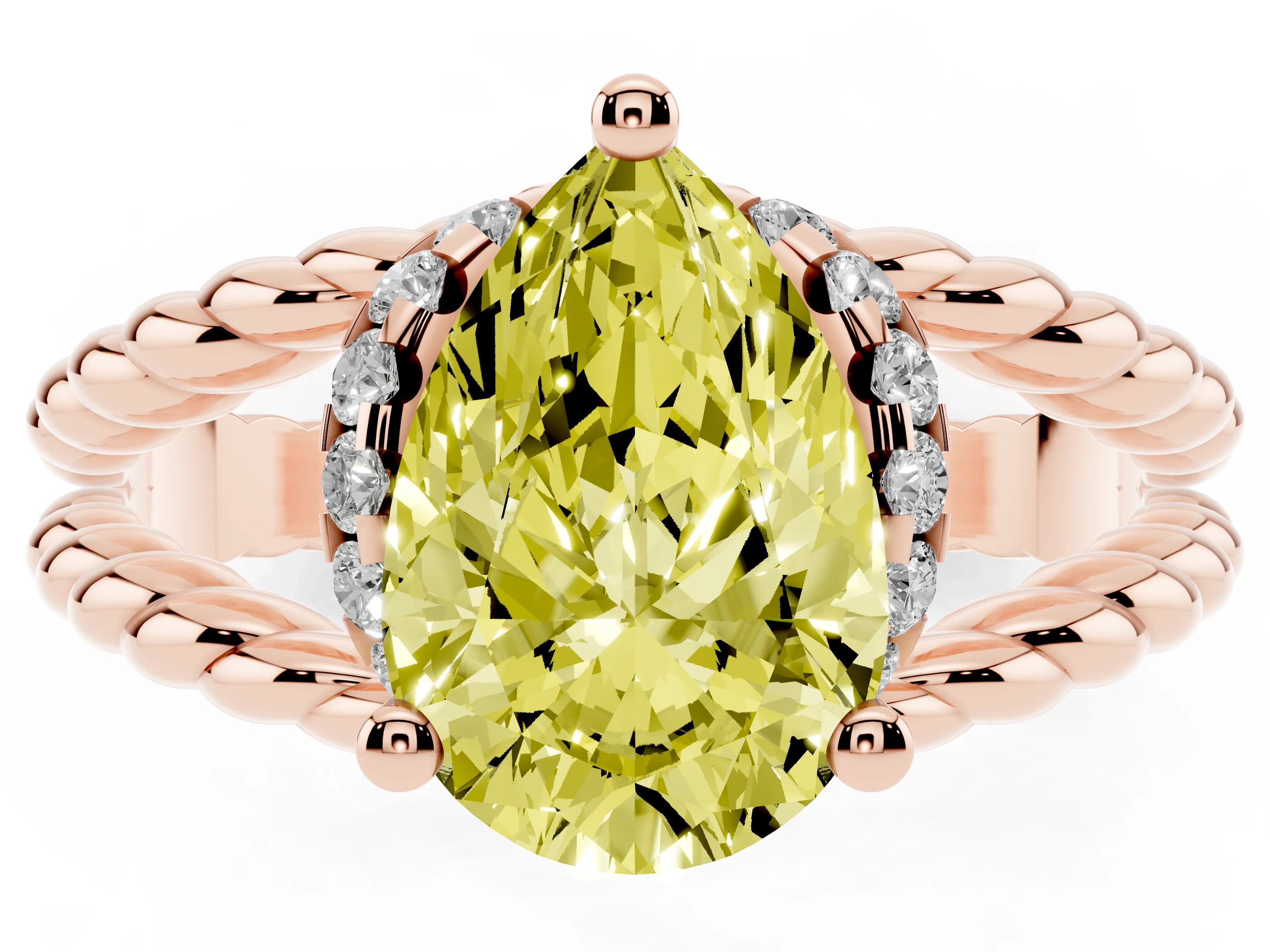 Fancy Yellow Pear Cut Diamond Halo Ring Set in Rose gold with Twisted Band and Prong Setting