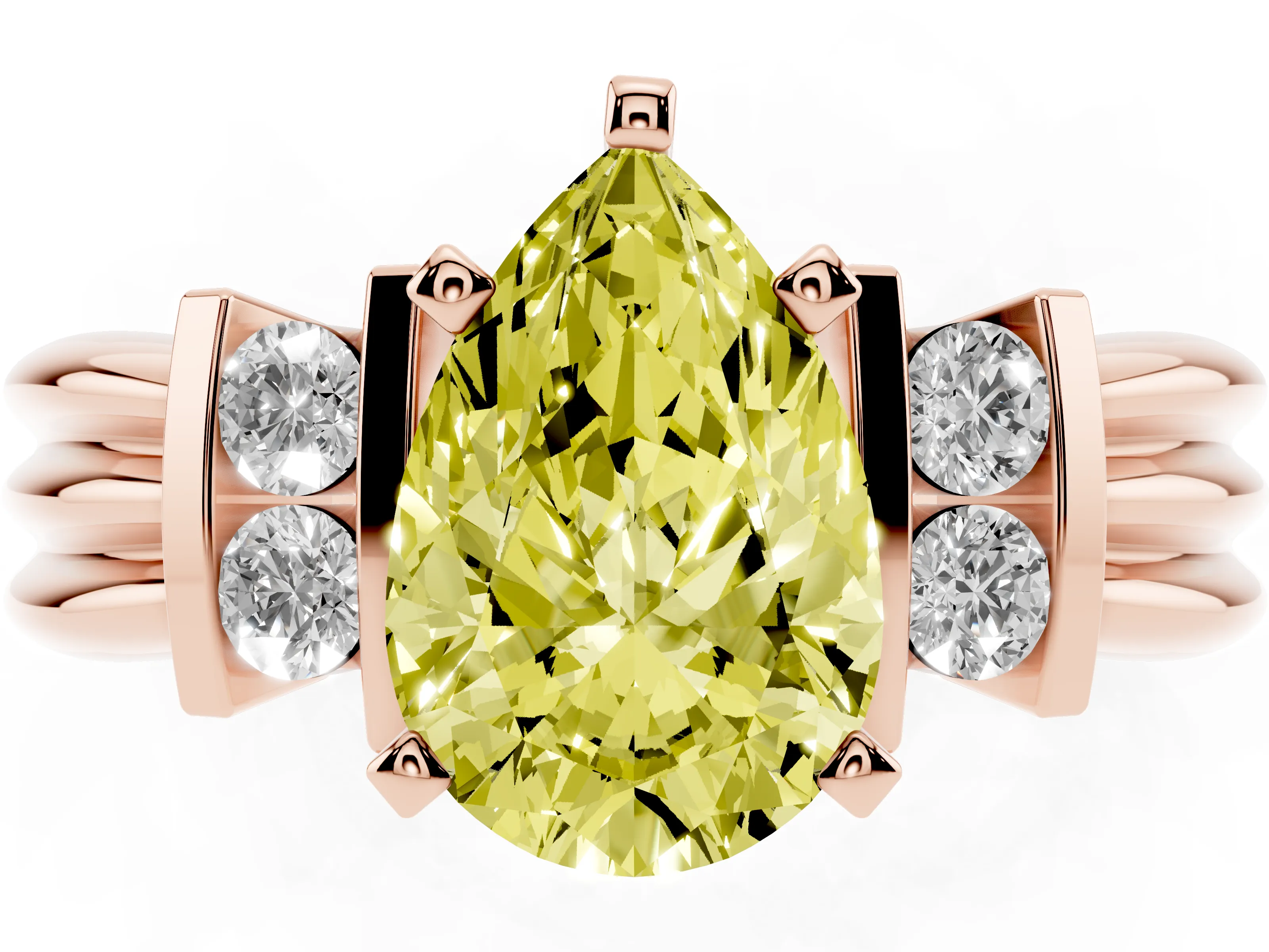 Fancy Yellow Three-Stone Pear Cut Diamond Channel Set Ring Set in Rose gold with Bar Prongs