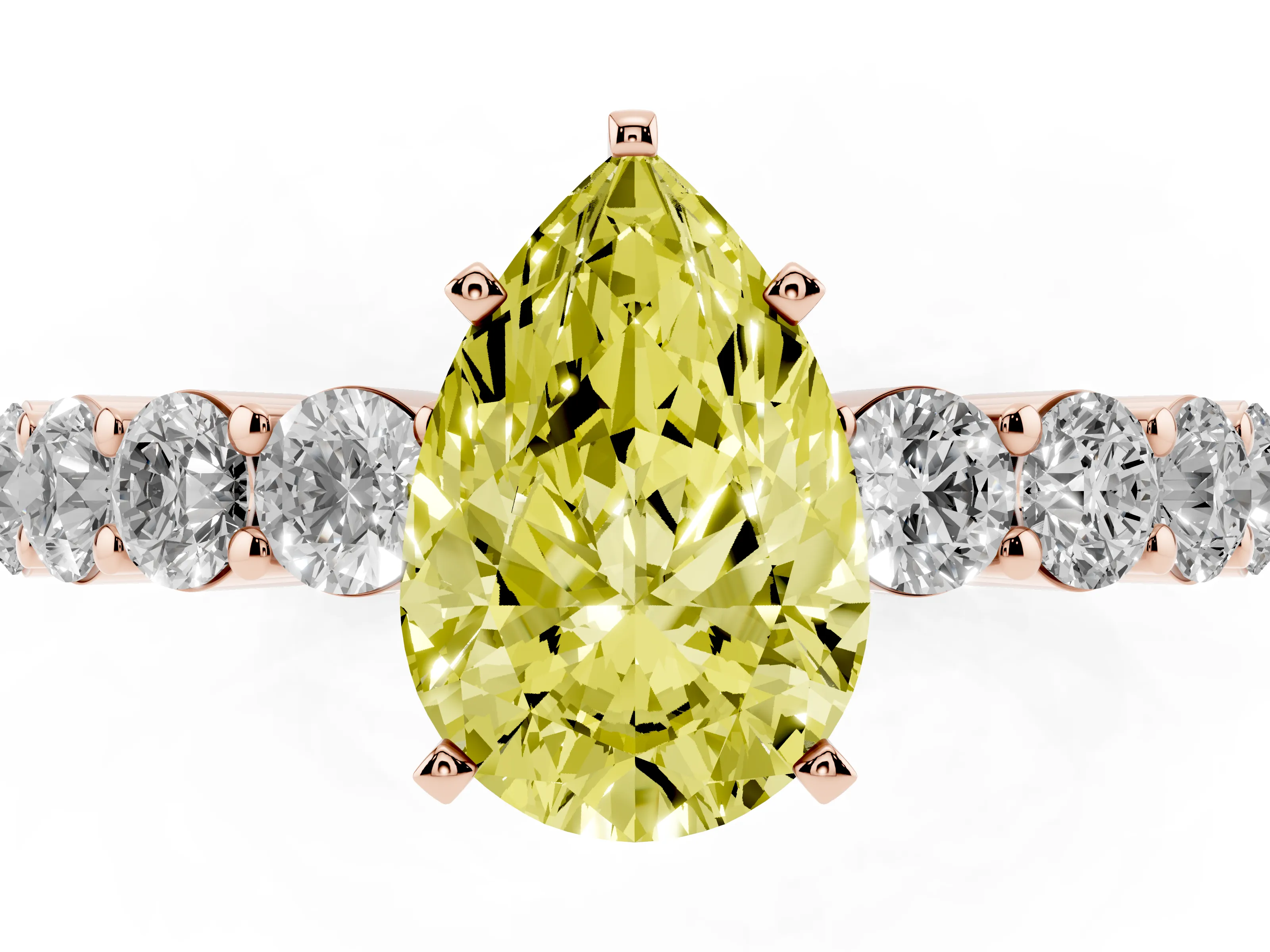Fancy Yellow Pear Cut Diamond Solitaire Ring Set in Rose gold with Shared Prong Round Side Stones