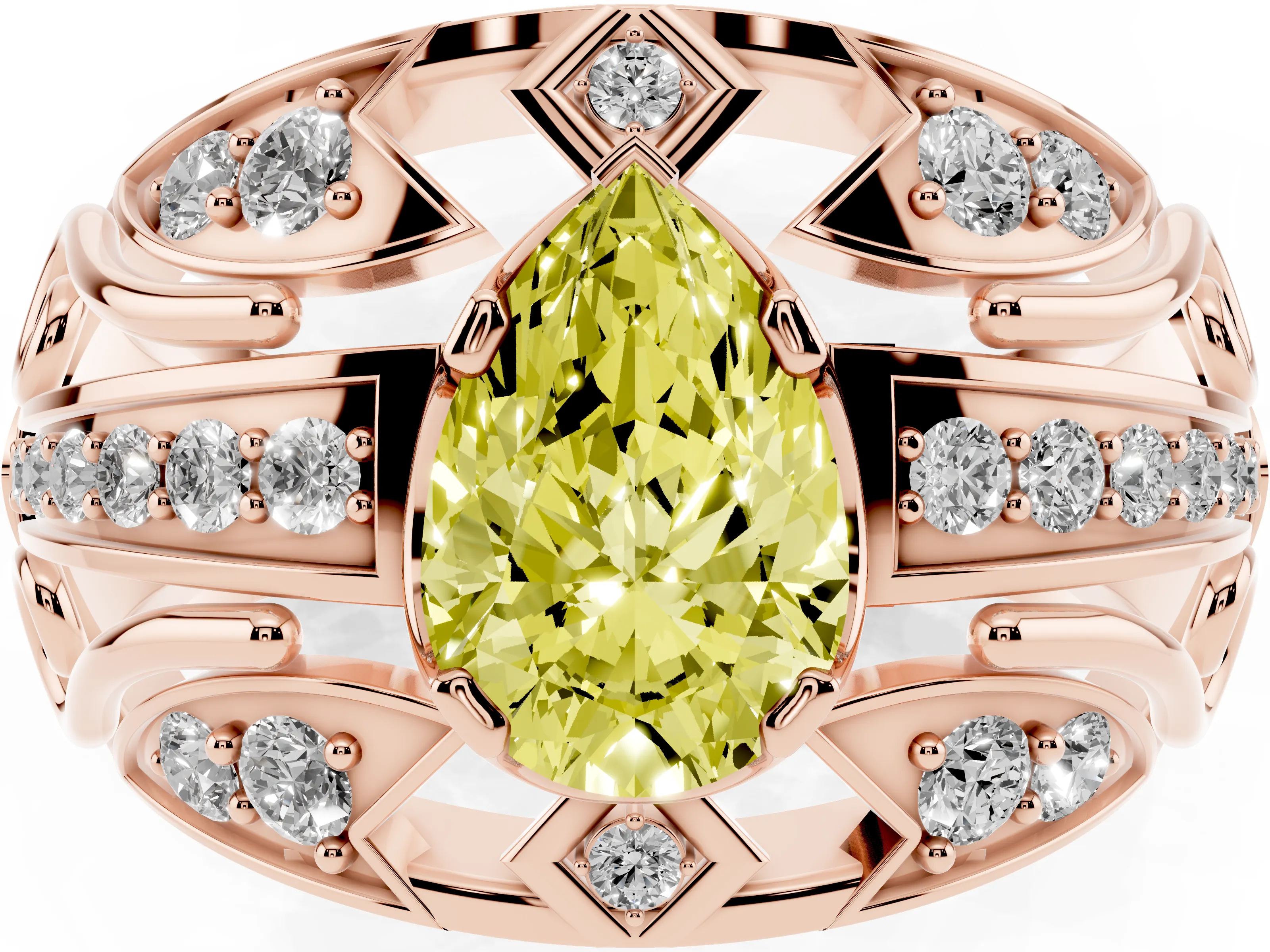 Fancy Yellow Pear Cut Diamond Art Deco Ring Set in Rose gold with Pavé Split Shank