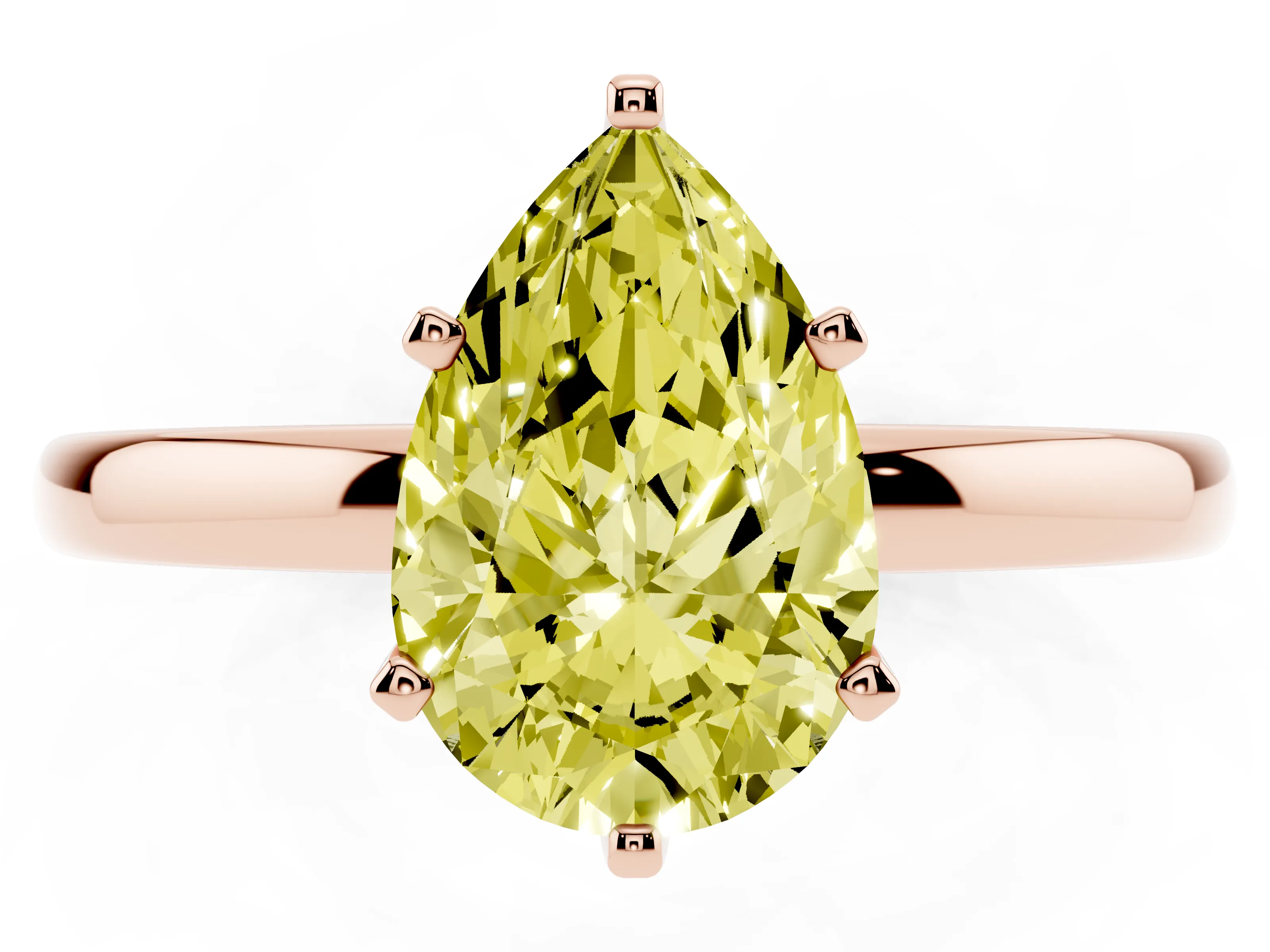 Fancy Yellow Pear Cut Diamond Solitaire Ring Set in Rose gold with Raised Prong Setting on a Classic Band