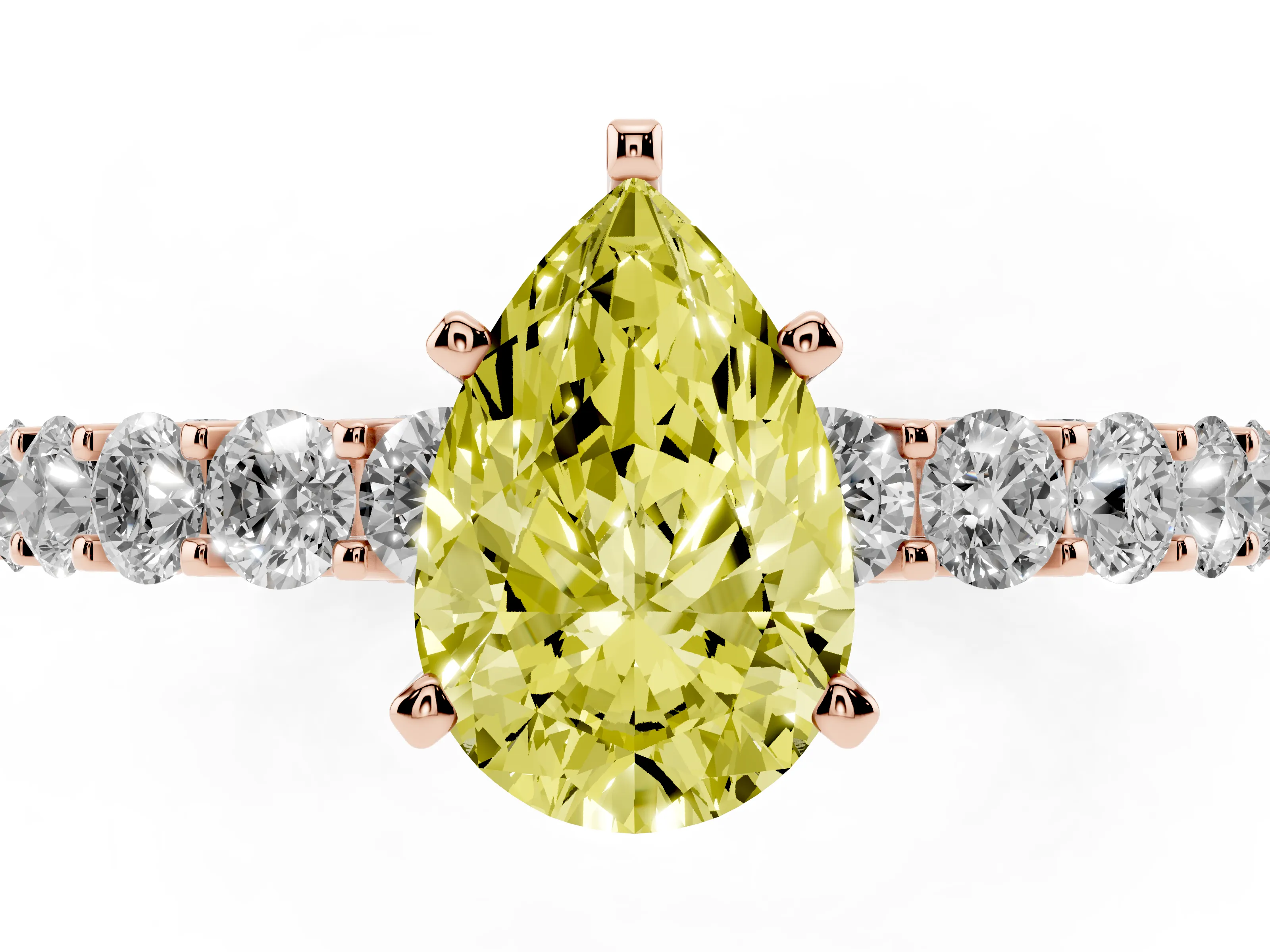 Fancy Yellow Pear Cut Diamond Solitaire Ring Set in Rose gold with Shared Prong Pavé Band